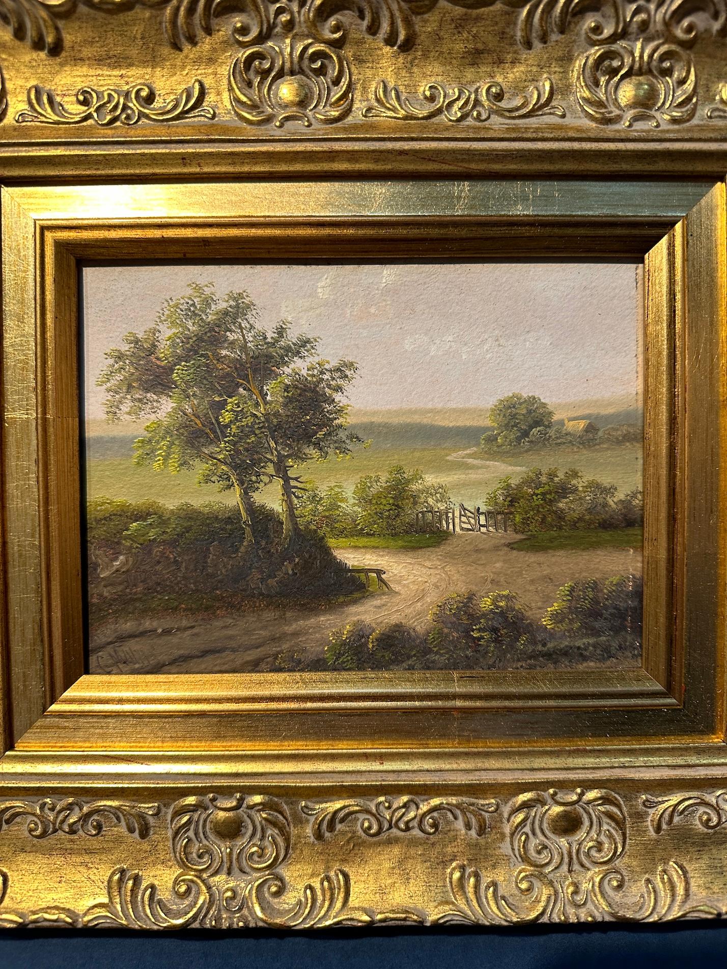 Paisaje inglés del siglo XIX con casa de campo junto a un estanque - Painting de Charles Morris