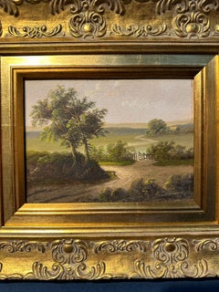 Paesaggio inglese del XIX secolo con cottage vicino a uno stagno