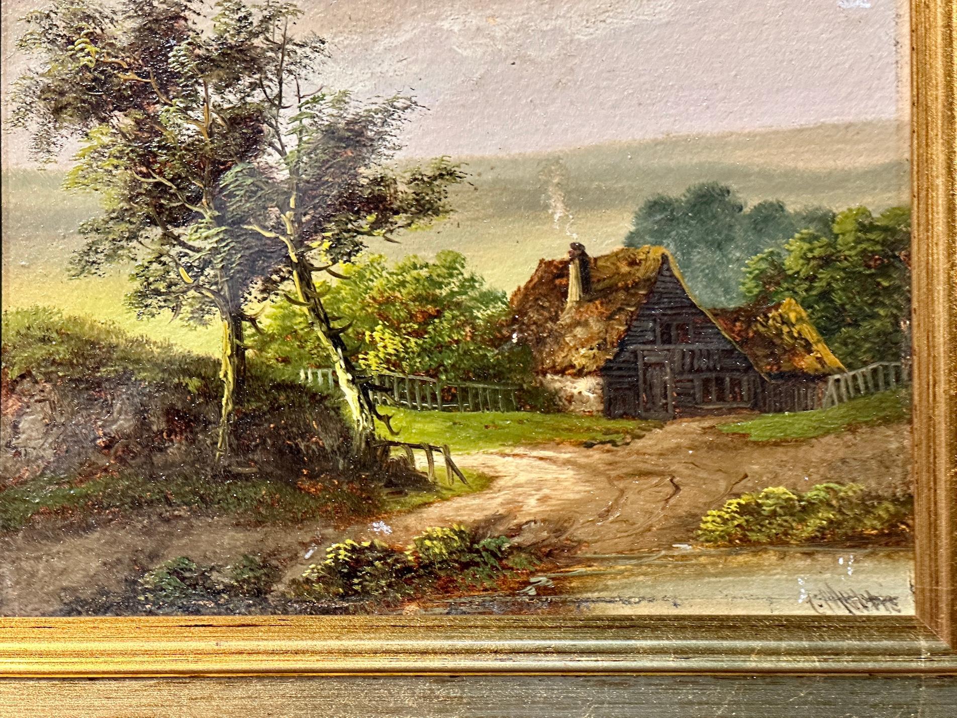 Paesaggio inglese del XIX secolo con cottage vicino a uno stagno - Painting Vittoriano di Charles Morris