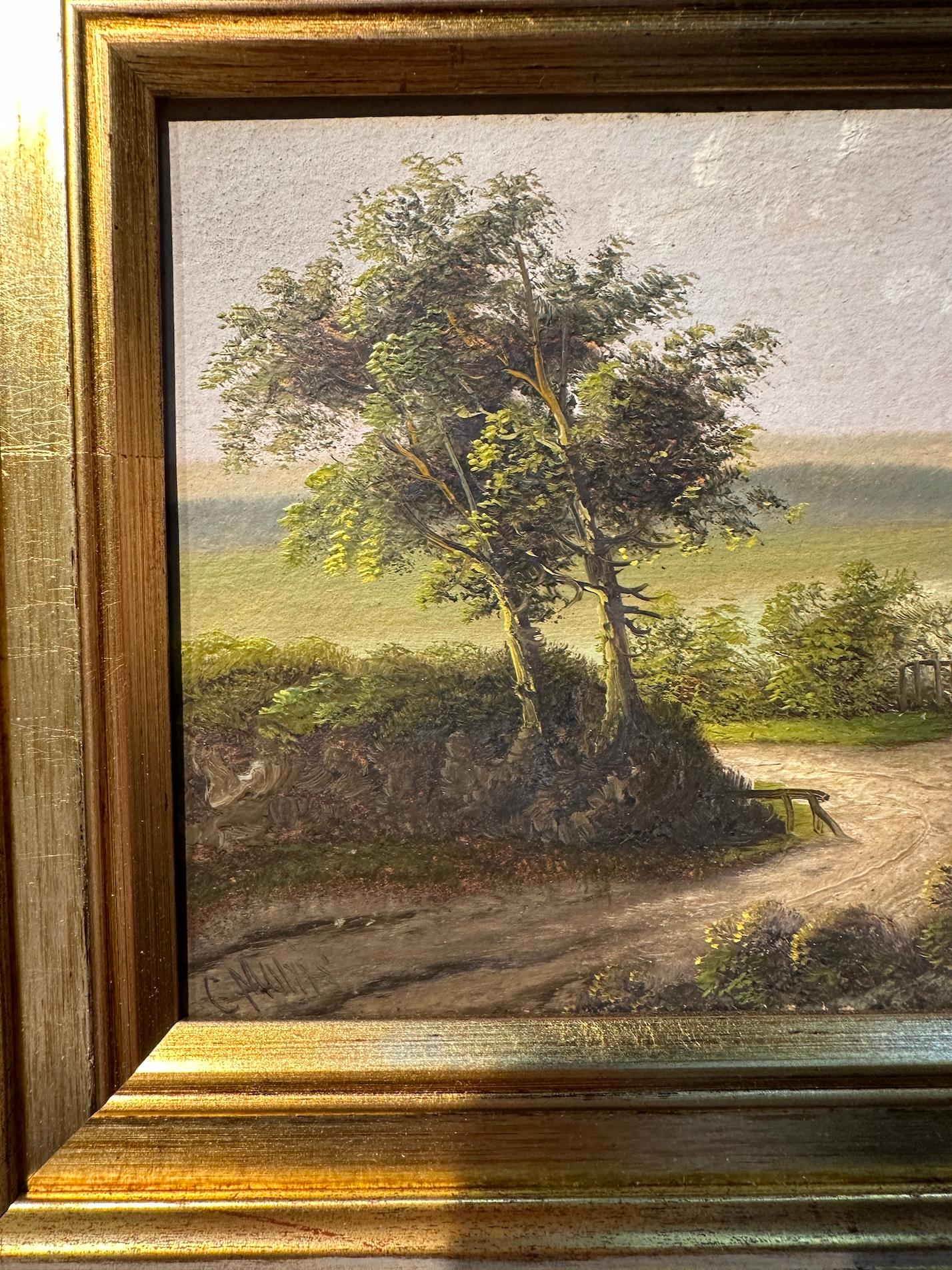 Paisaje inglés del siglo XIX con casa de campo junto a un estanque - Painting Victoriano de Charles Morris