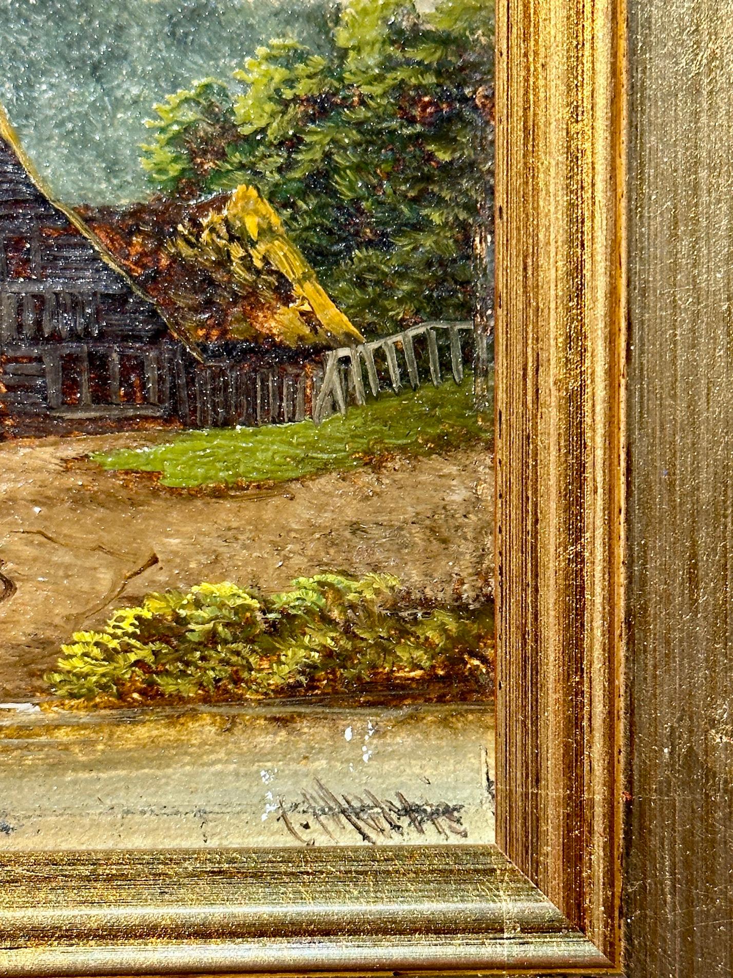 Paesaggio inglese del XIX secolo con cottage vicino a uno stagno - Figurative Painting Marrone di Charles Morris