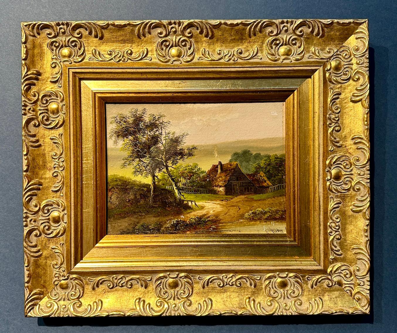 Figurative Painting di Charles Morris - Paesaggio inglese del XIX secolo con cottage vicino a uno stagno