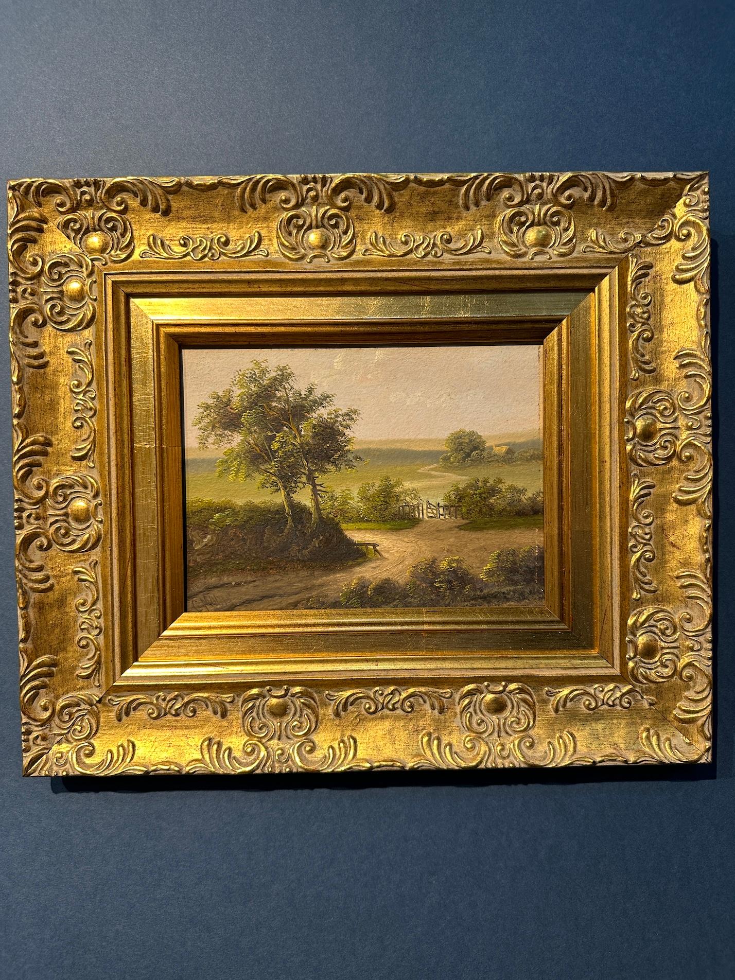 Landscape Painting de Charles Morris - Paisaje inglés del siglo XIX con casa de campo junto a un estanque