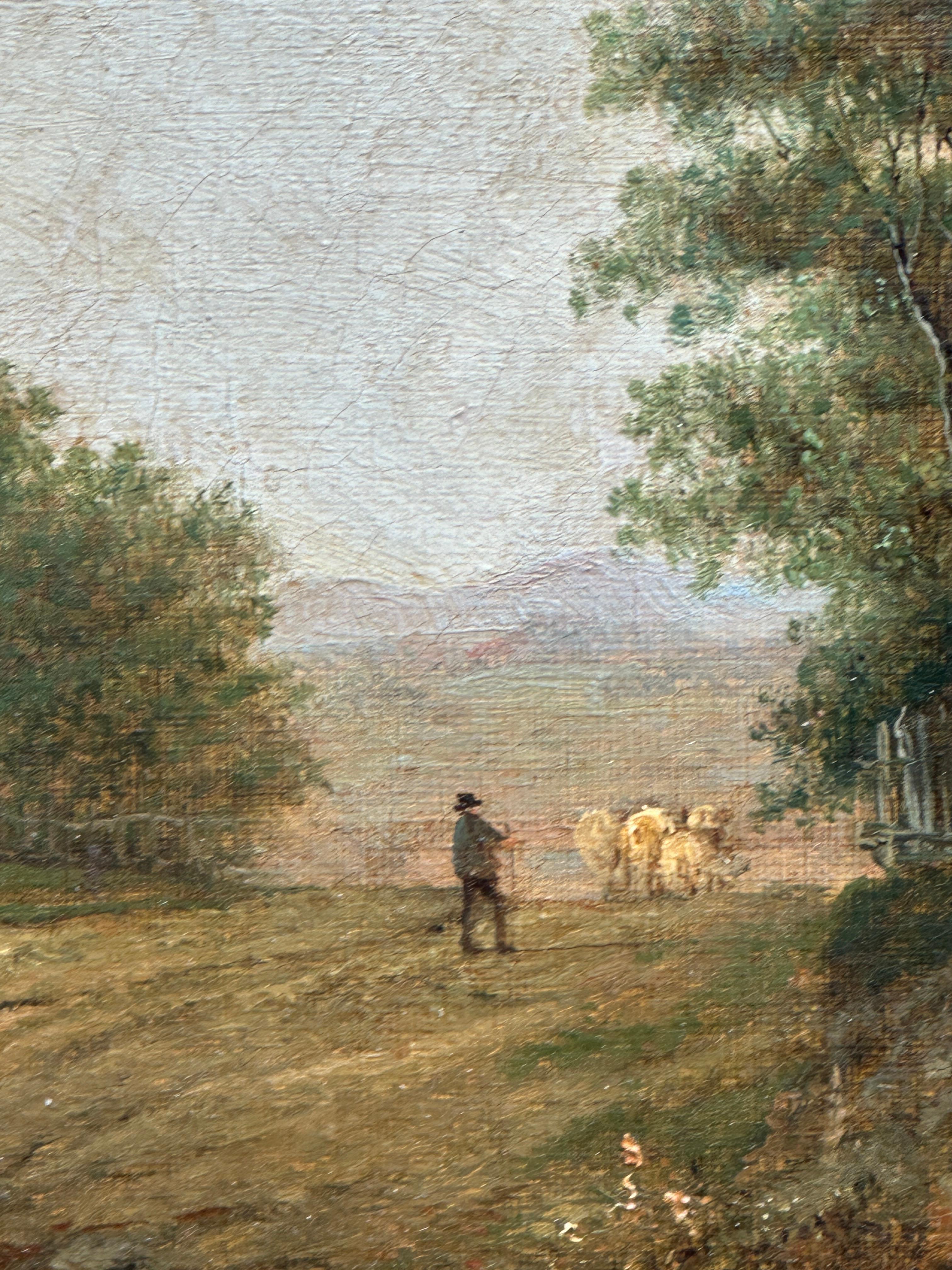 Charles Morris (británico, activo a mediados del siglo XIX)
Paisaje rústico con pastor y cabaña, ca. 1860-1870
Óleo sobre lienzo

En esta tranquila vista rural, Charles Morris presenta una idílica campiña inglesa tocada por una luz suave y dorada.