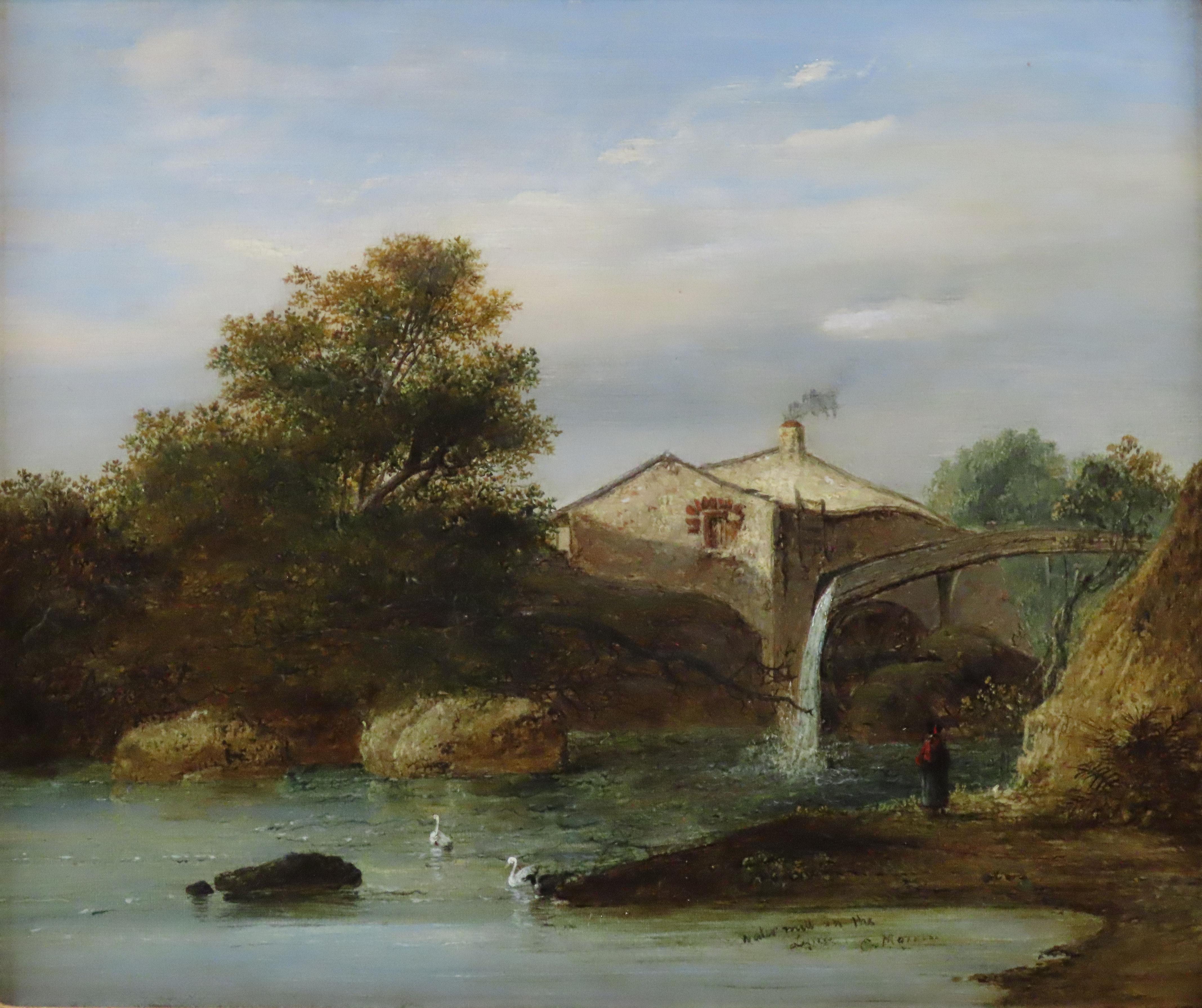 Original Ölgemälde auf Leinwand, Charles Morris senior. „Ein Wassermühlen auf dem Leimm“ (Grau), Landscape Painting, von Charles Morris senior 