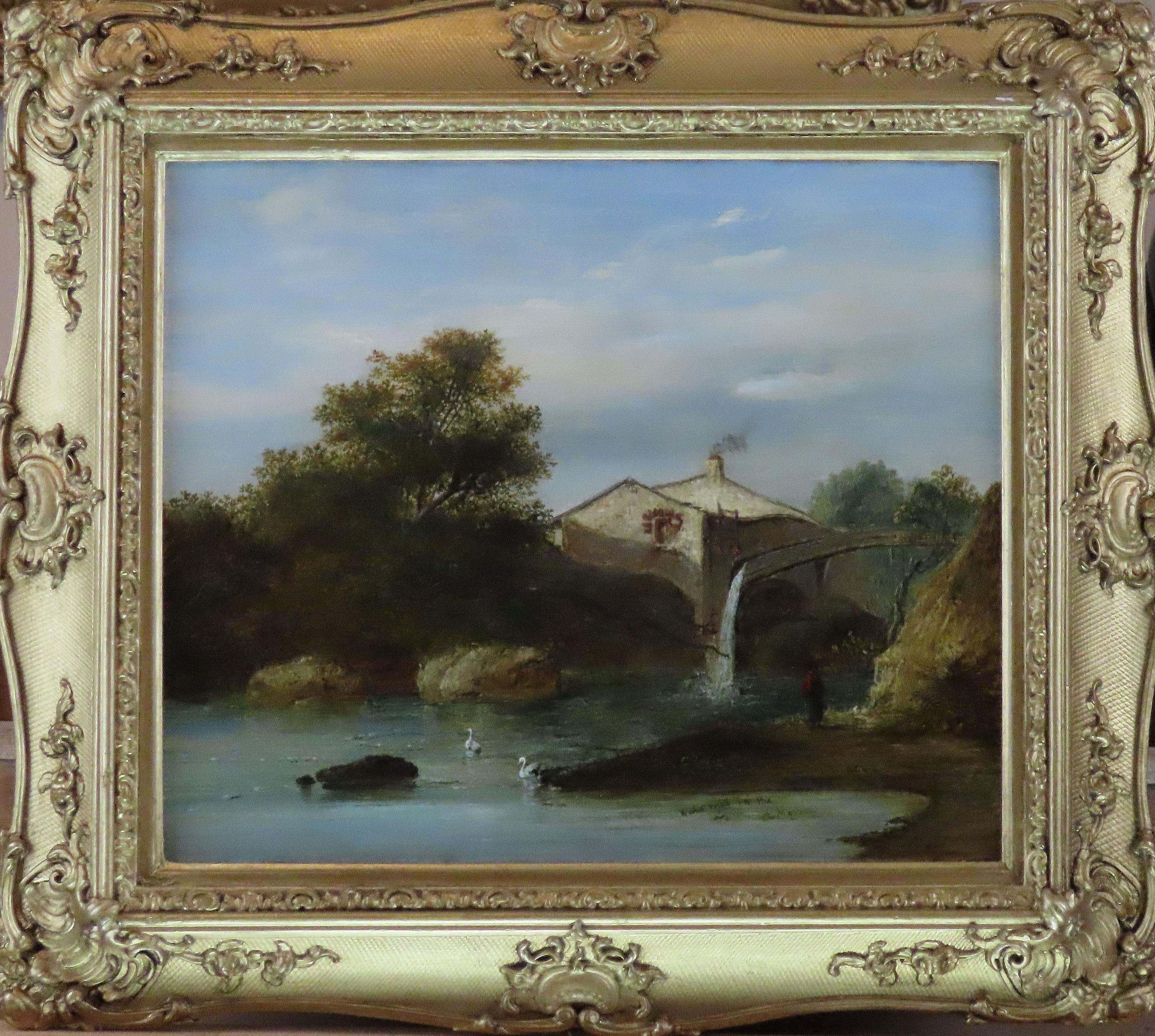 Original Ölgemälde auf Leinwand, Charles Morris senior. „Ein Wassermühlen auf dem Leimm“