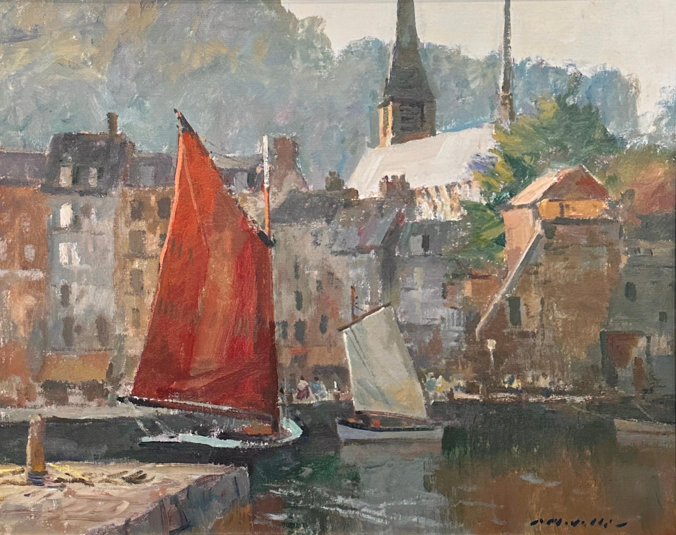 Honfleur, de Charles Movalli, capta maravillosamente el encanto de la ciudad portuaria francesa... Un velero rojo destaca en el puerto, con un barco de vela blanca más pequeño cerca, rodeado de edificios rústicos y una aguja de iglesia al fondo.