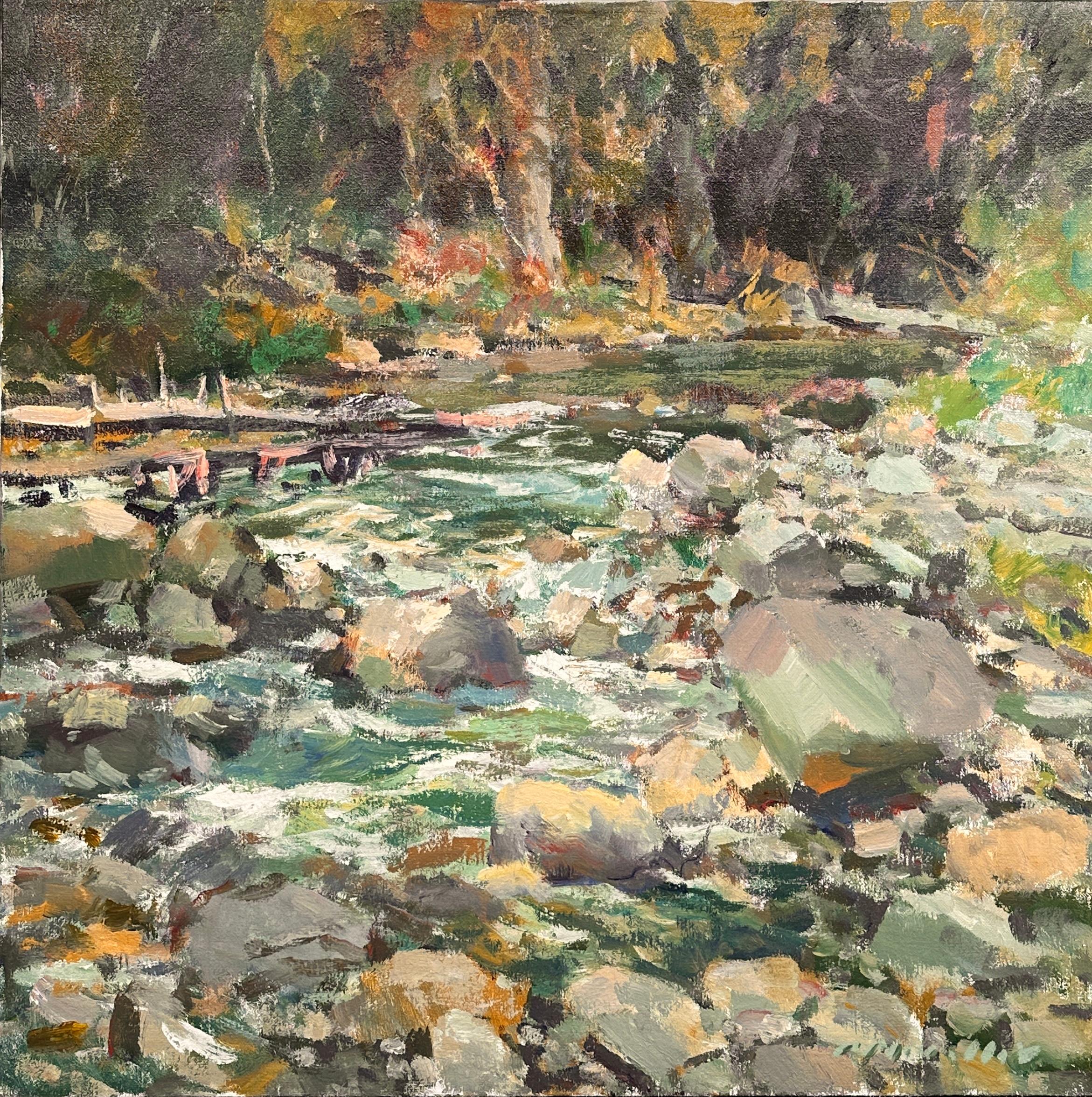 "Mountain Stream" by Charles Movalli (1945-2016) is a breathtaking piece. Movalli skillfully employs a rich and harmonious color palette to evoke the play of light and shadow, creating a visual symphony that dances across the canvas. 

30x30 does