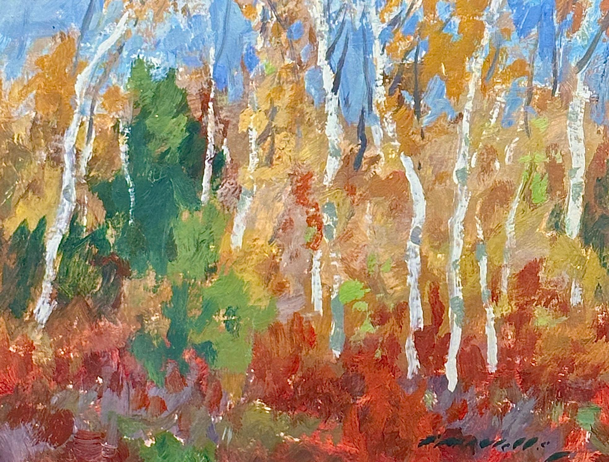 Charles Movalli shows the bright colors of fall with bold reds, oranges, and golden yellows, set against the white trunks of birch trees. The painting feels full of energy and joy. Movalli grew up in Gloucester, Massachusetts, and spent much of his