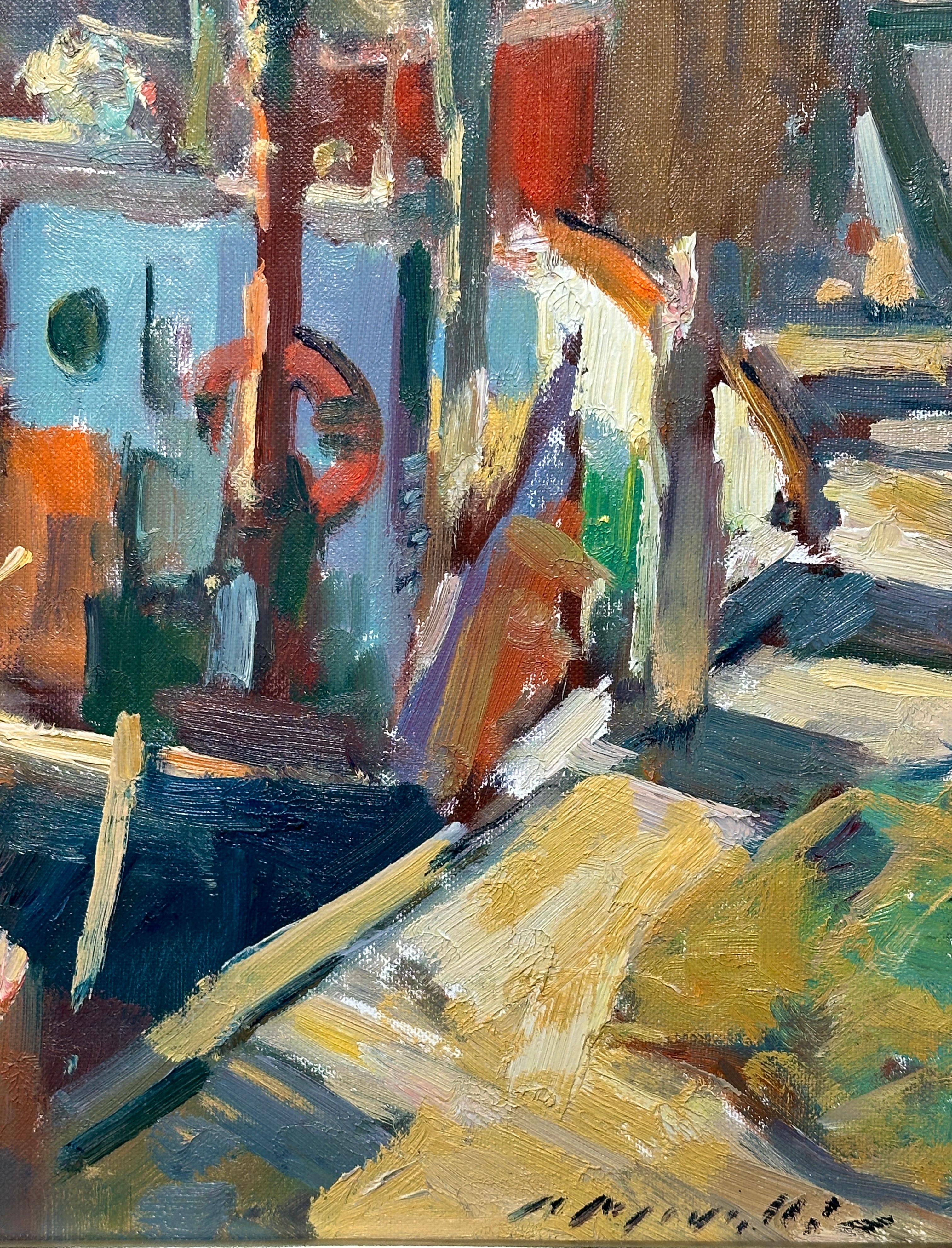 Escritor Pintor Charles Movalli 1945-2016 Colorida Escena Abstracta de Gloucester en venta 1