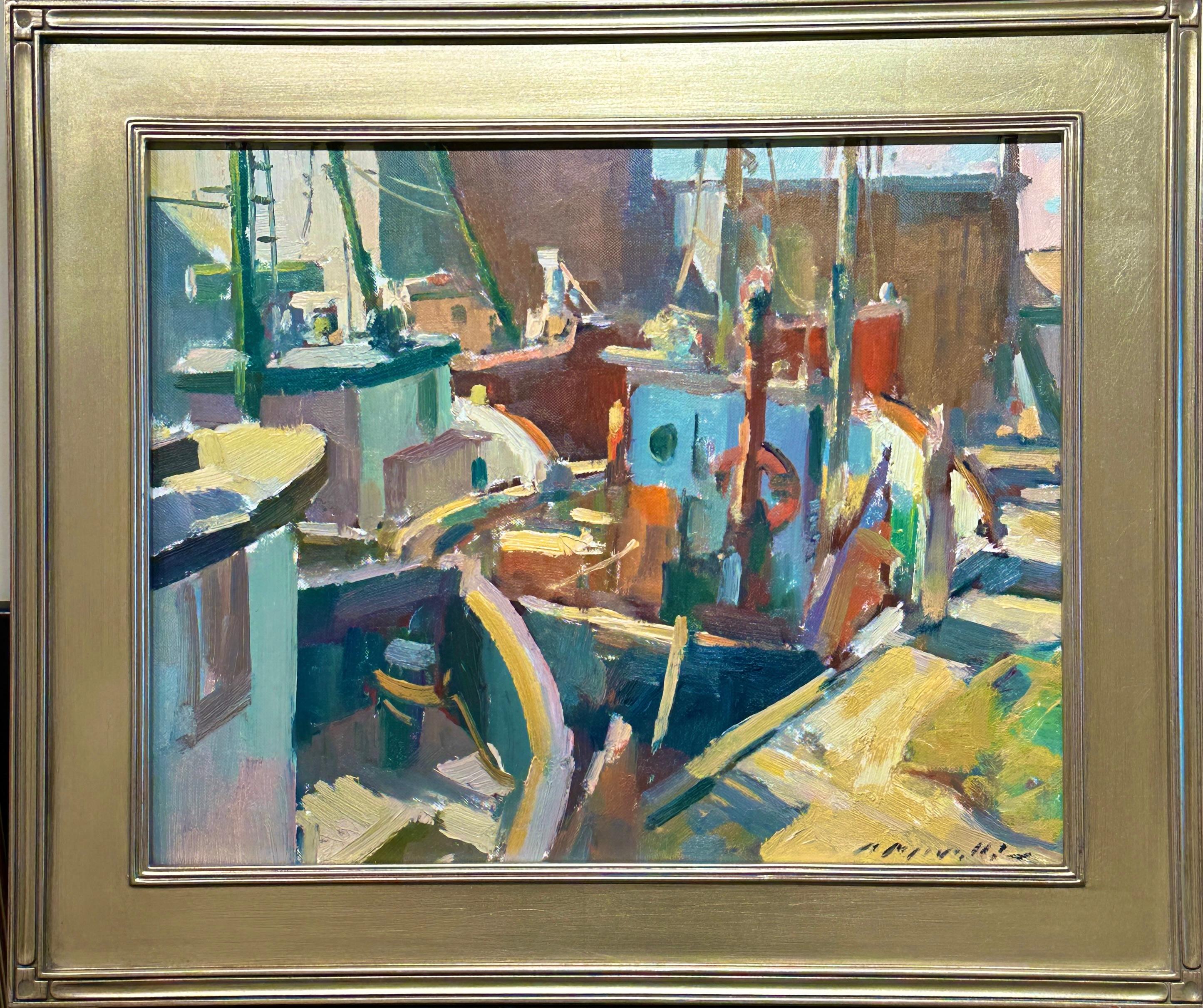 Escritor Pintor Charles Movalli 1945-2016 Colorida Escena Abstracta de Gloucester en venta 2