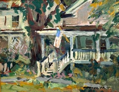 Tableau de paysage de l'artiste de Gloucester Charles Movalli représentant une scène de maison avec drapeau américain