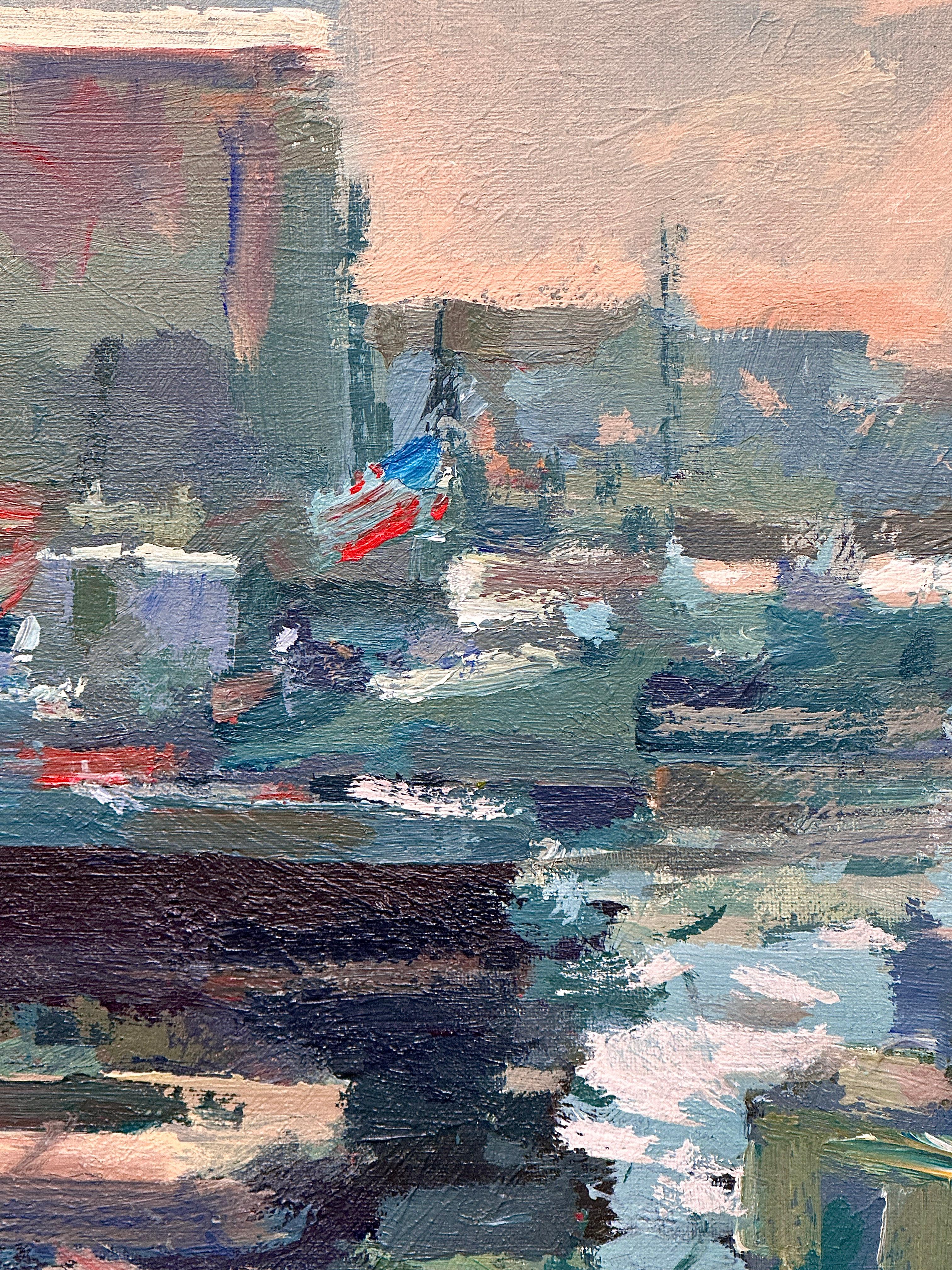 Wonderful painting of his most popular subject matter: Gloucester Harbor.  

Charles Movalli (1945–2016) had a BA from Clark University and a PhD from the University of Connecticut. He painted and wrote about art for over thirty years. He belonged