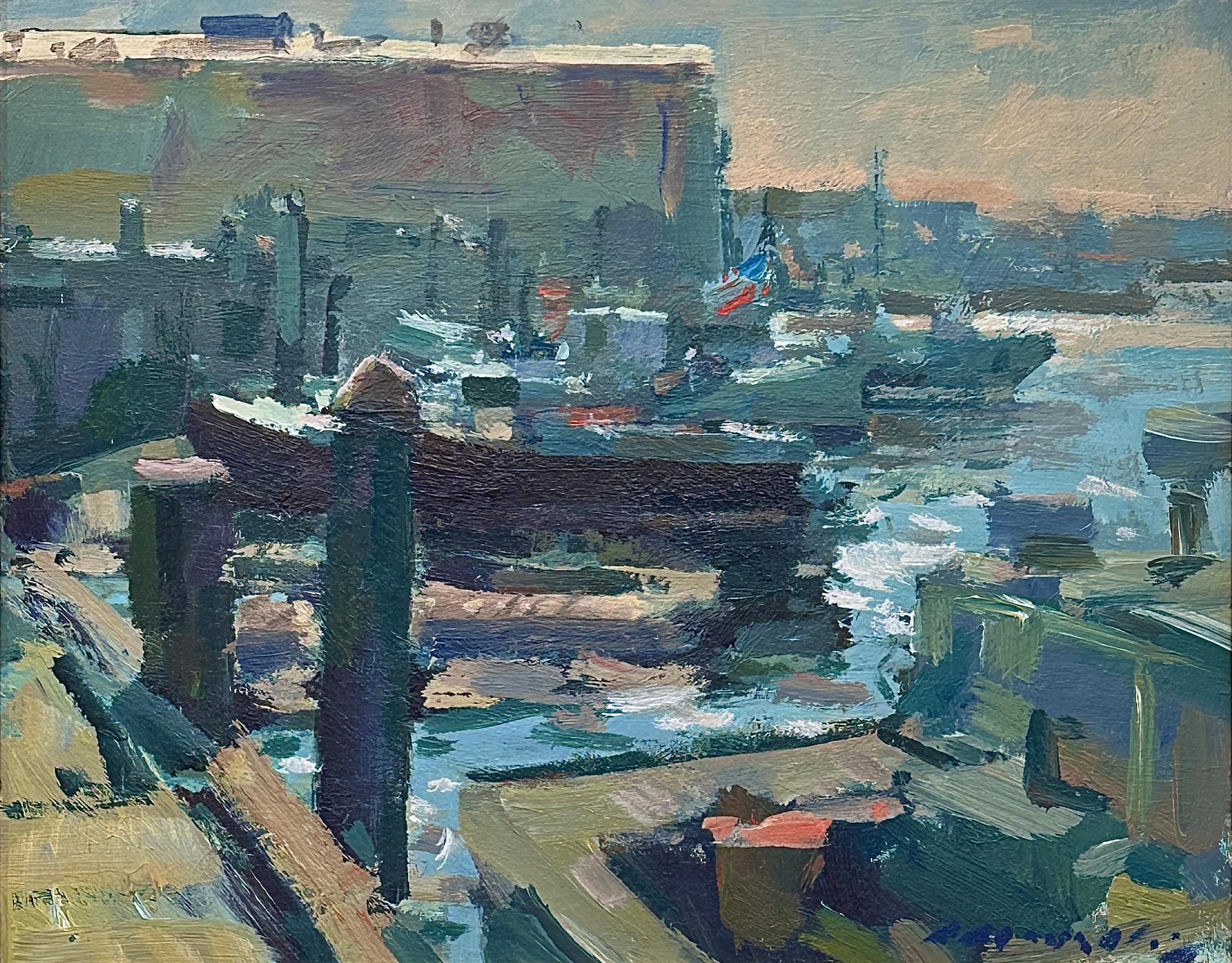 Wonderful painting of his most popular subject matter: Gloucester Harbor.  

Charles Movalli (1945–2016) had a BA from Clark University and a PhD from the University of Connecticut. He painted and wrote about art for over thirty years. He belonged
