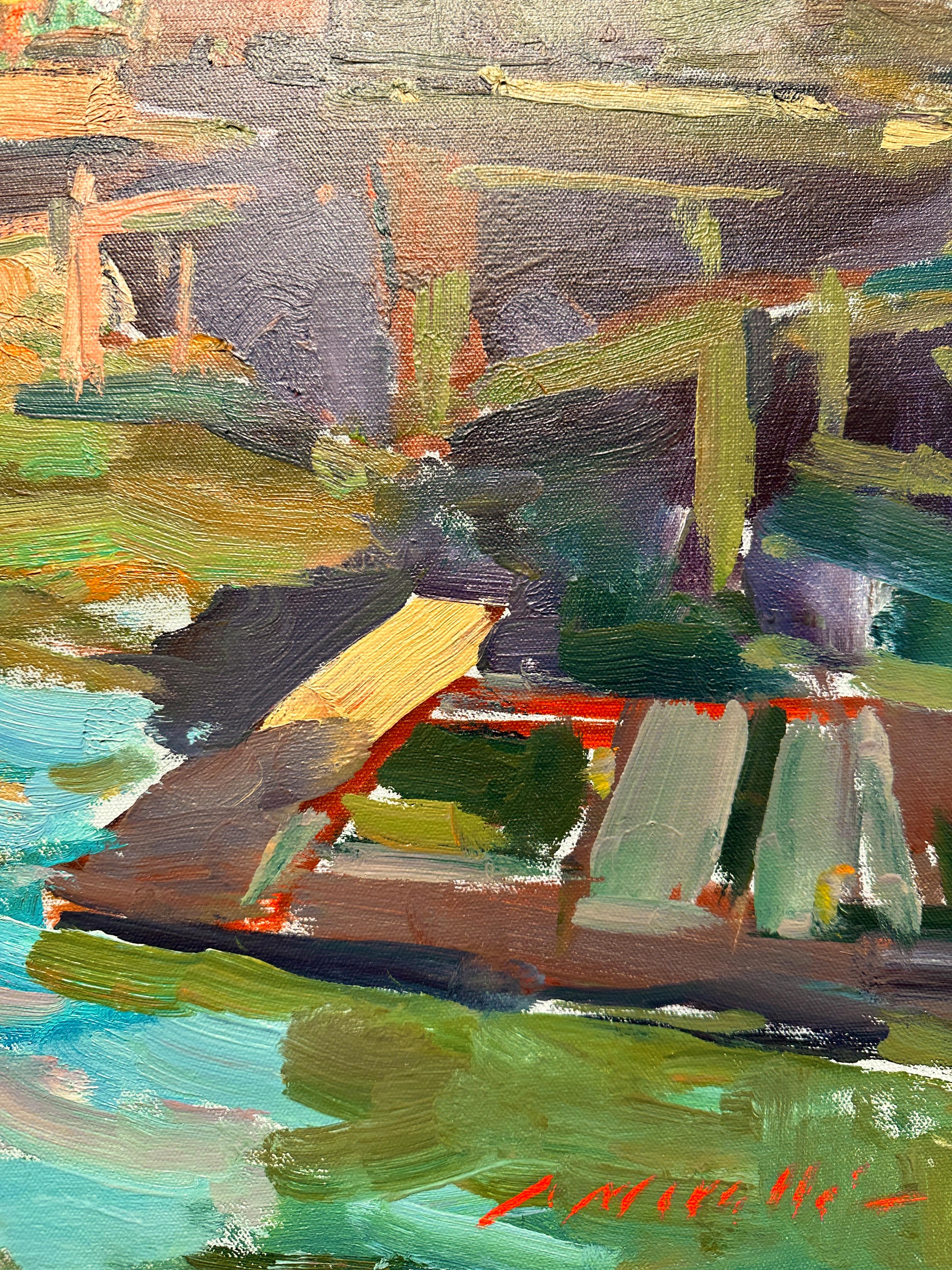 Beautiful example housed in new floater frame.

 Charles Movalli (1945–2016) had a BA from Clark University and a PhD from the University of Connecticut. He painted and wrote about art for over thirty years. He belonged to the North Shore Arts