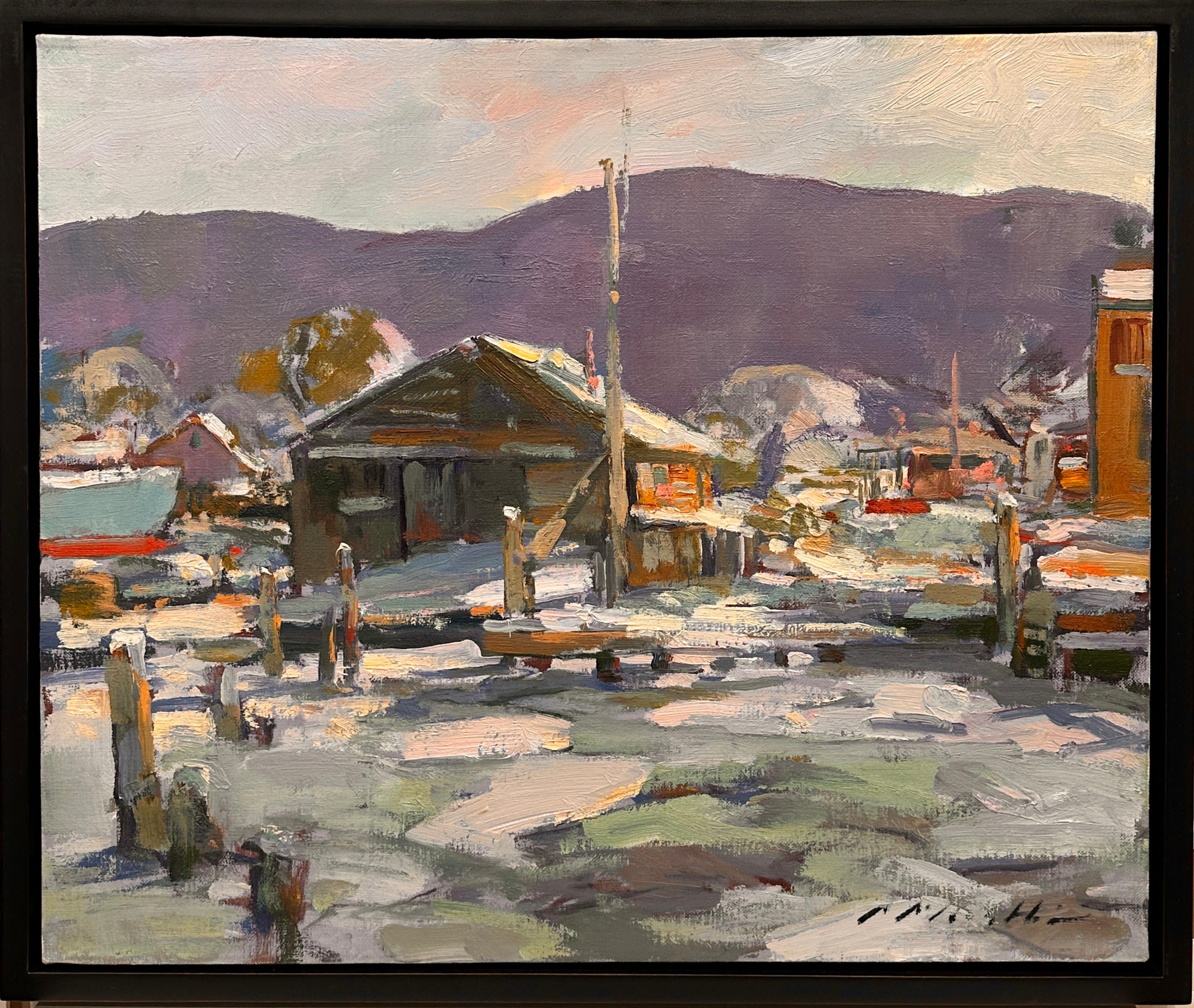Marine-Landschaft der Marine, Gemälde von Charles Movalli, Gemälde „Covered Snow“  im Angebot 1