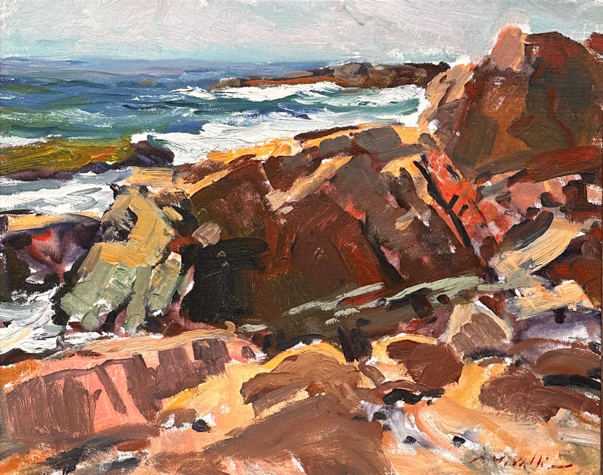 Wonderful expressive example of the often panted Bass Rocks in Gloucester, MA by the Master Charles Movalli. 

Charles Movalli (1945–2016) had a BA from Clark University and a PhD from the University of Connecticut. He painted and wrote about art