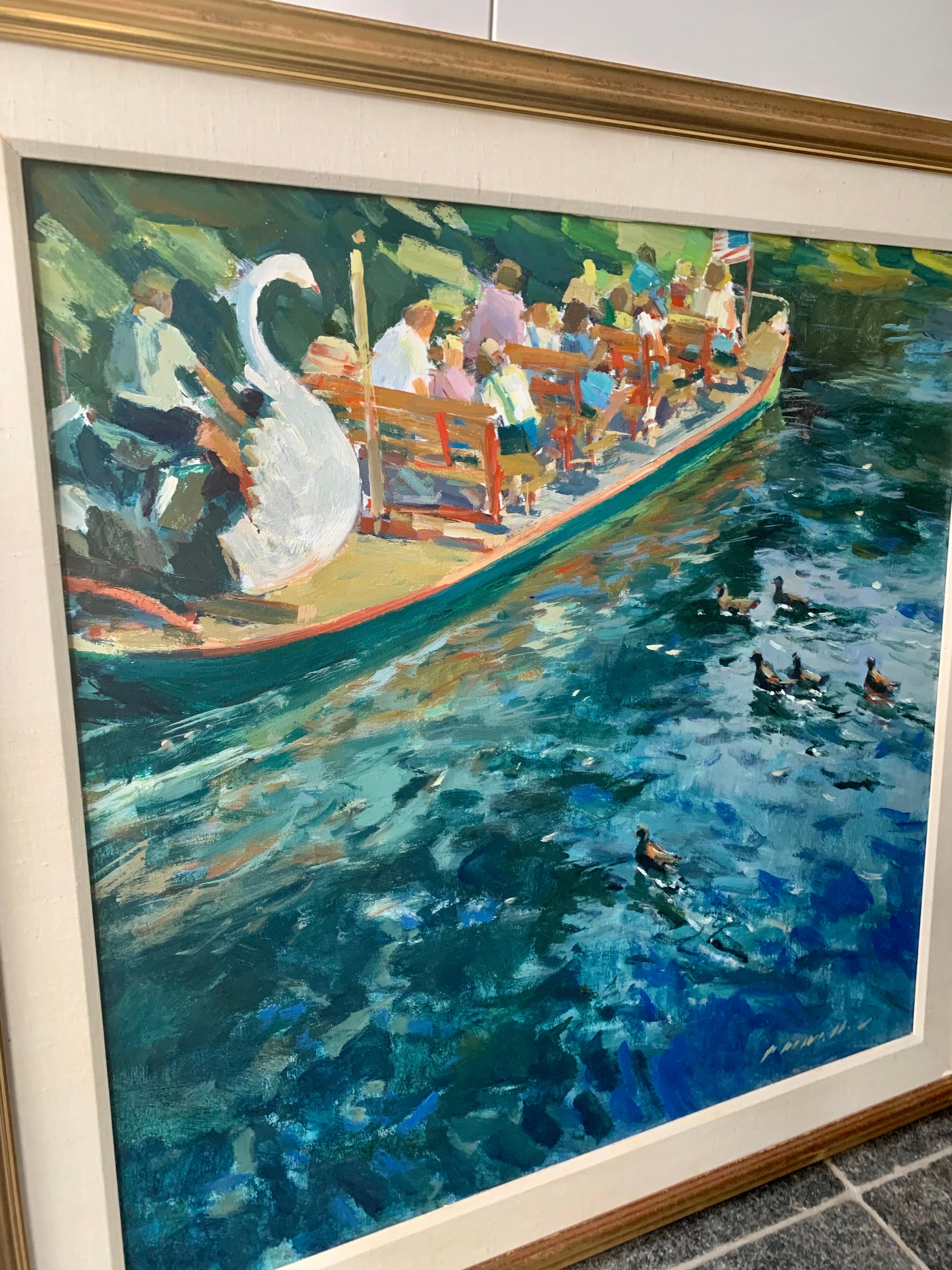 Very large and colourful painting depicting a swan boat in the Boston Public Garden. 

Charles Movalli (1945-2016) was a winner of numerous awards and honors for his painting, Movalli belonged to the Salmagundi Club (Gold Medal), the North Shore