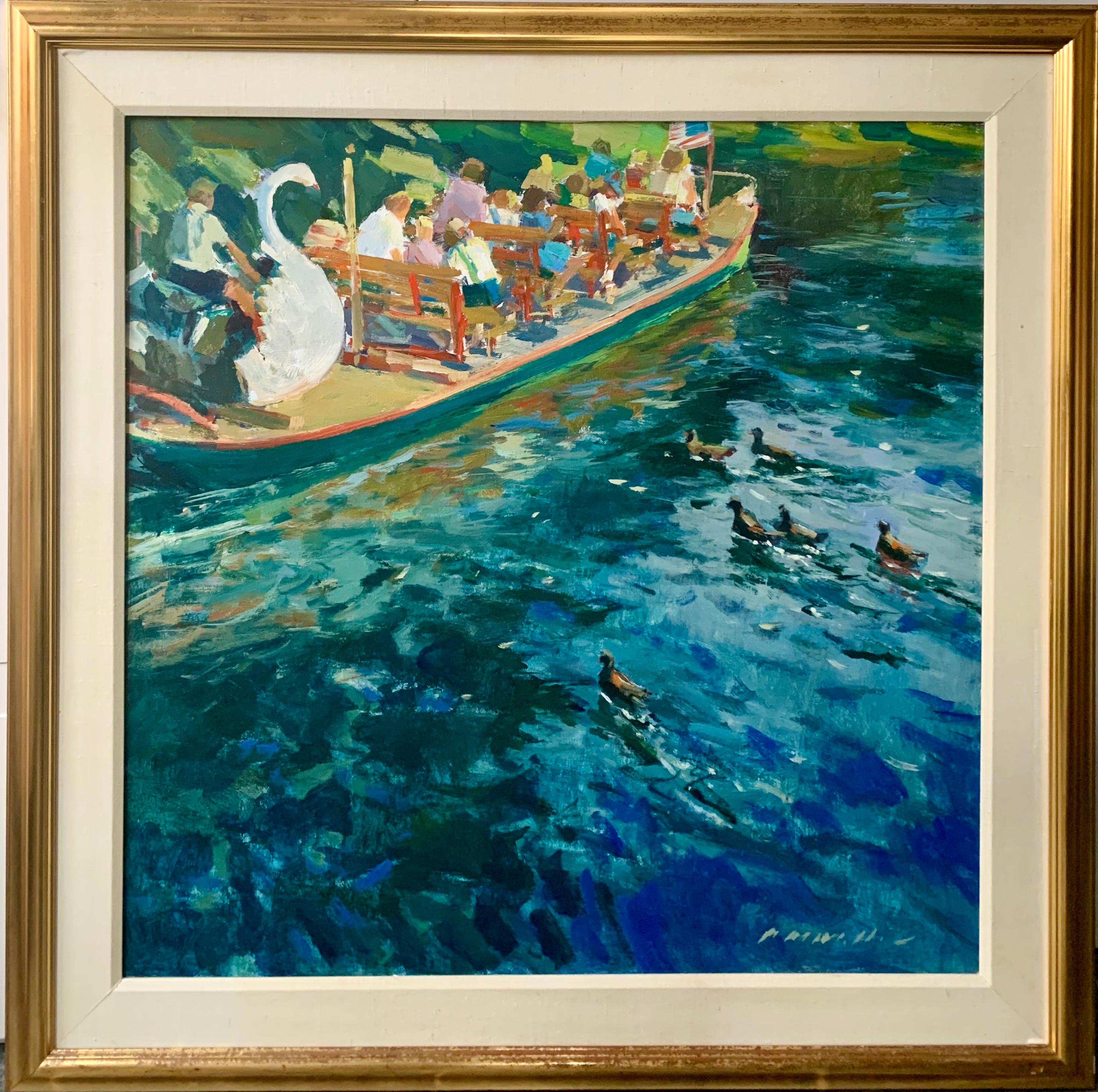 Charles Movalli Landscape Painting - Swan Boat in the Boston Public Garden - American Art Colourful Figurative Genre