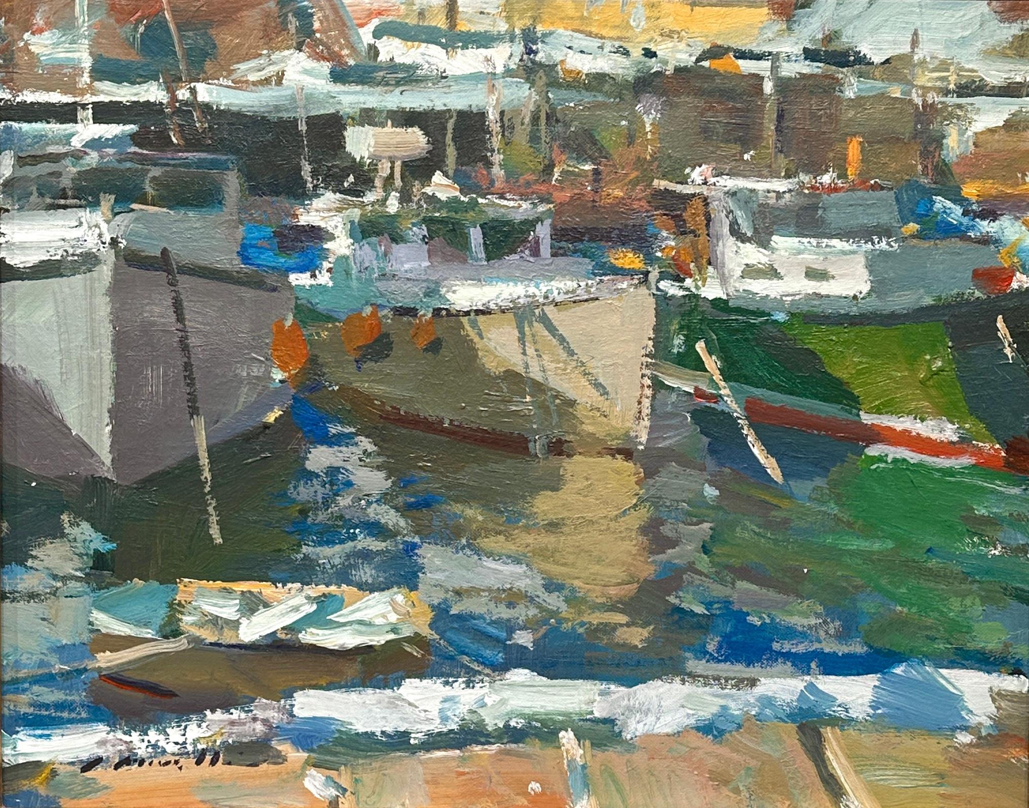 Charles Movalli Landscape Painting - "Three Hulls" - Colorful Boats, Impressionistic, Seascape
