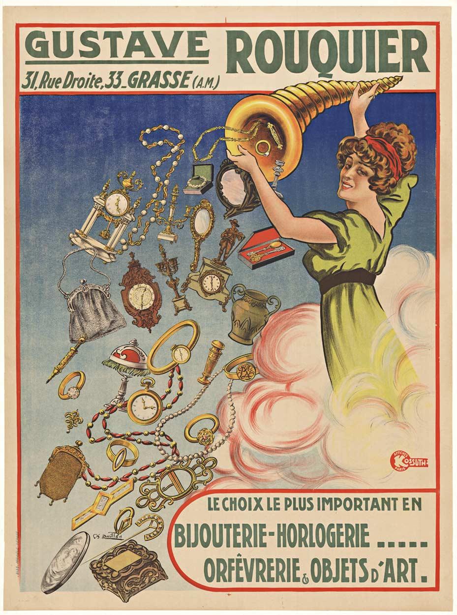 Original Gustave Rouquier Bijouterie – Jugendstil-Poster, Vintage-Schmuck im Jugendstil