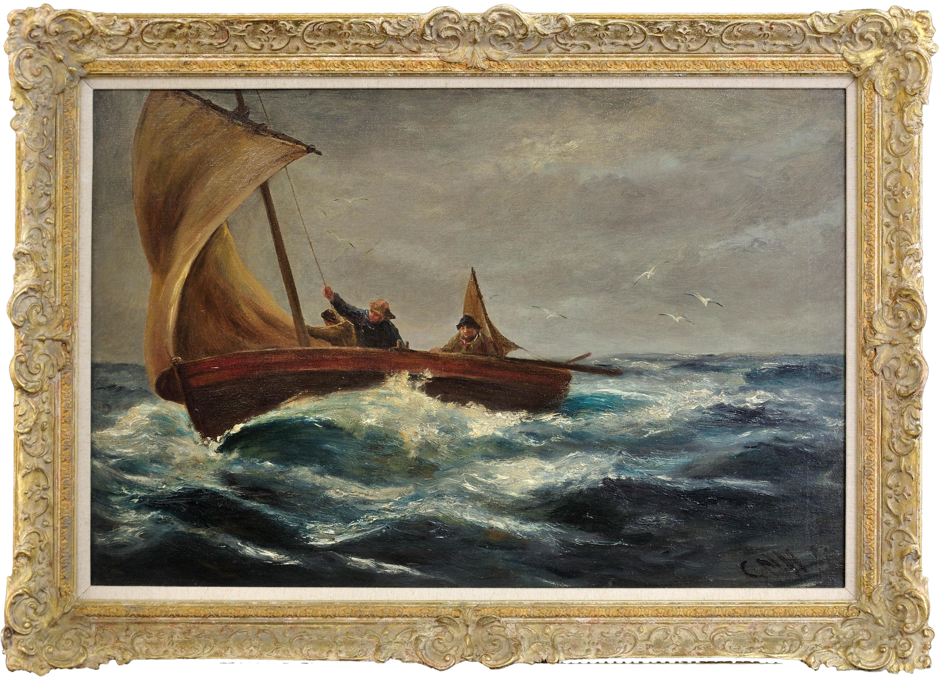 Charles Napier Hemy Landscape Painting - Making the Run for Home, Cornish Coast. Cornwall. Sail Fishing Boat. Pilchards.