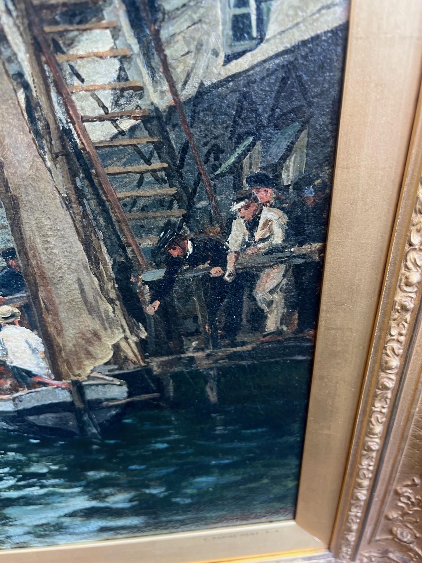 Viktorianische maritime Öl HMS Gangs im viktorianischen Stil, verankert, Matrosen auf Fischenbooten beleuchtet im Angebot 6