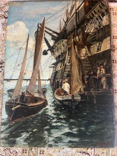 Victorian Maritime Oil HMS Ganges anchored, Sailors alighting off Fishing Boats