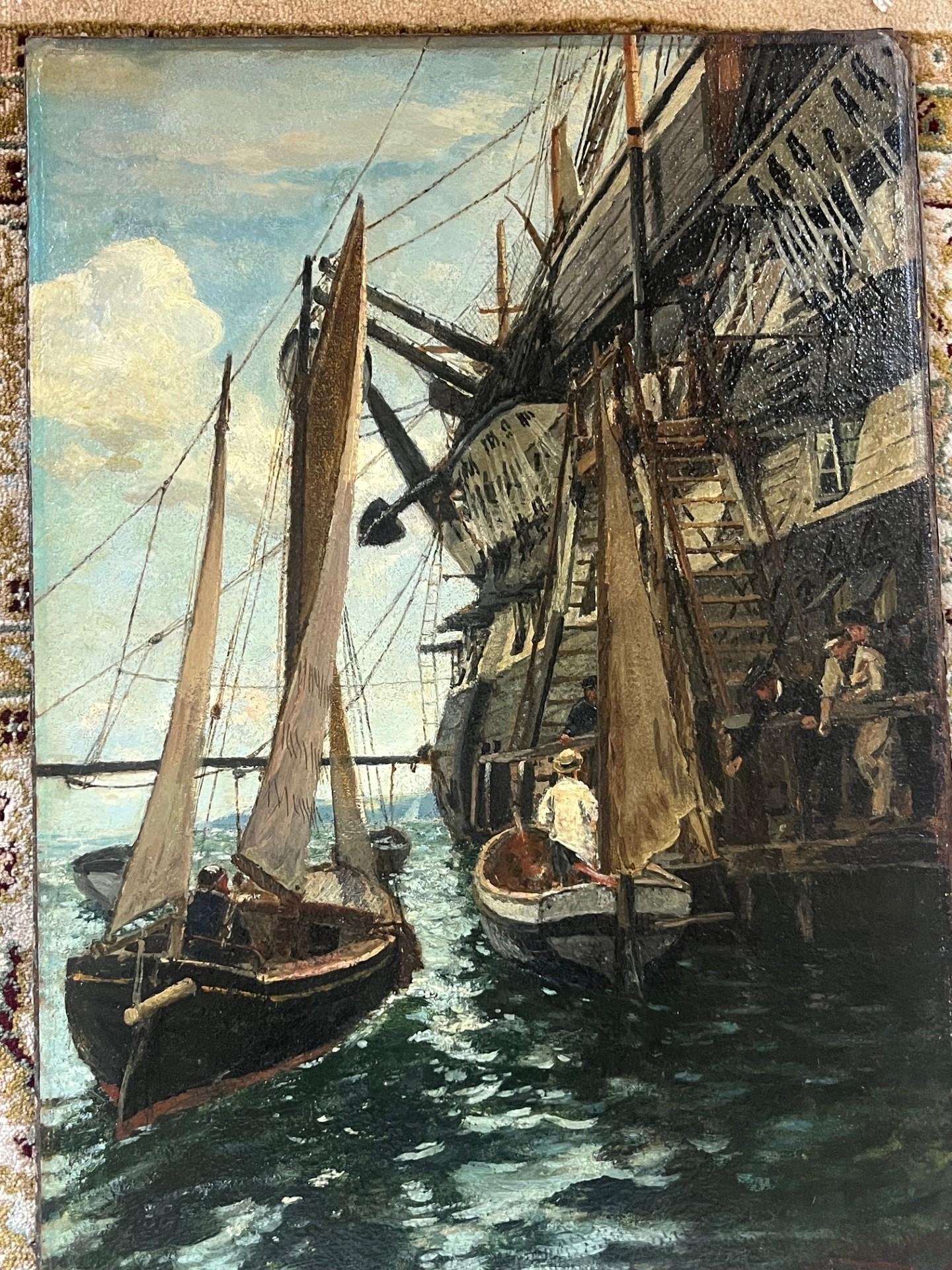 Viktorianische maritime Öl HMS Gangs im viktorianischen Stil, verankert, Matrosen auf Fischenbooten beleuchtet (Schwarz), Landscape Painting, von Charles Napier Hemy