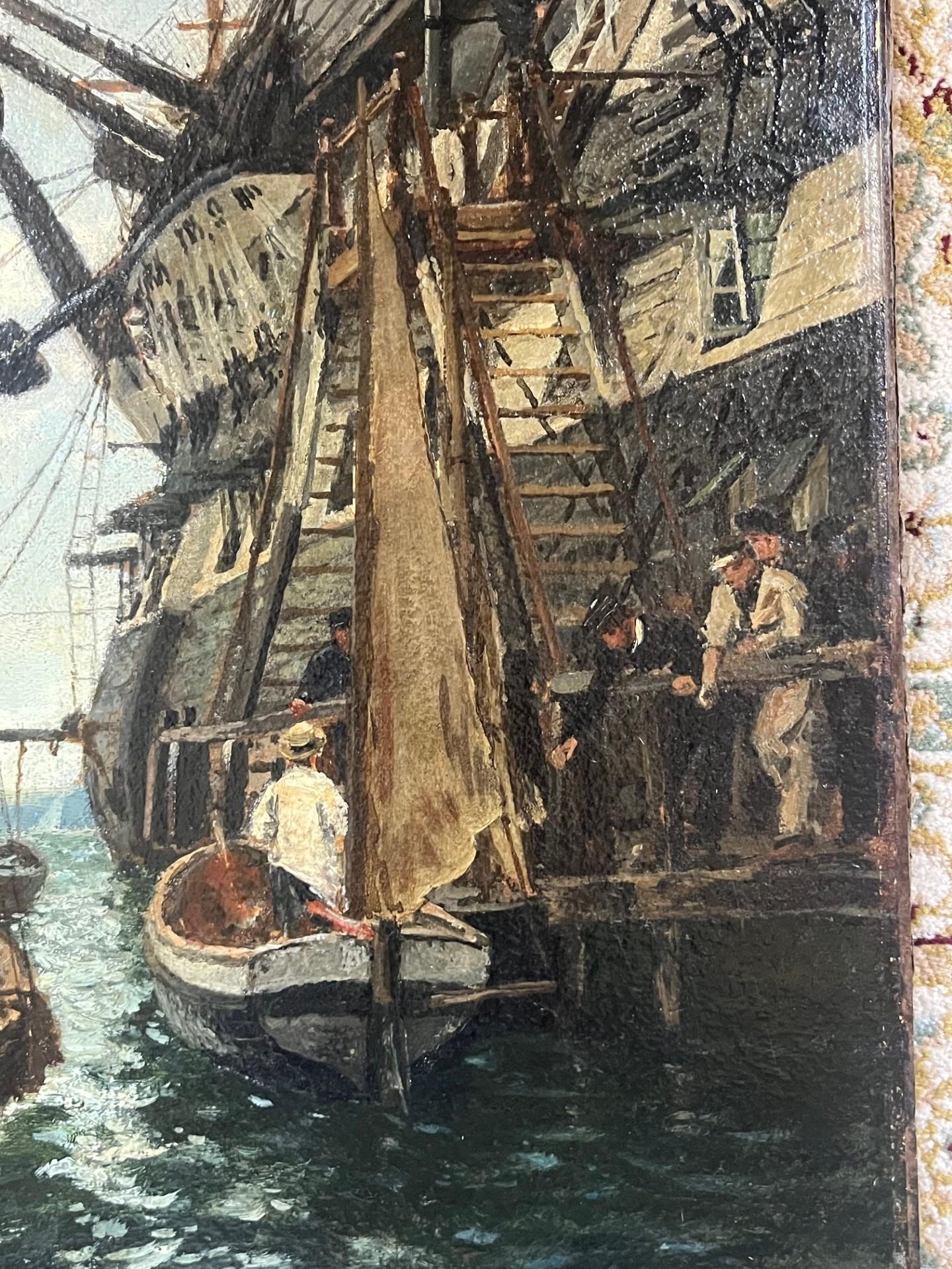 Viktorianisches maritimes Ölgemälde der HMS Ganges, die vor Falmouth vor Anker liegt, mit Matrosen, die aussteigen, und an Deck mit Segelbooten.  
Öl auf Künstlerkarton, auf Karton aufgezogen und gerahmt in seinem ursprünglichen
