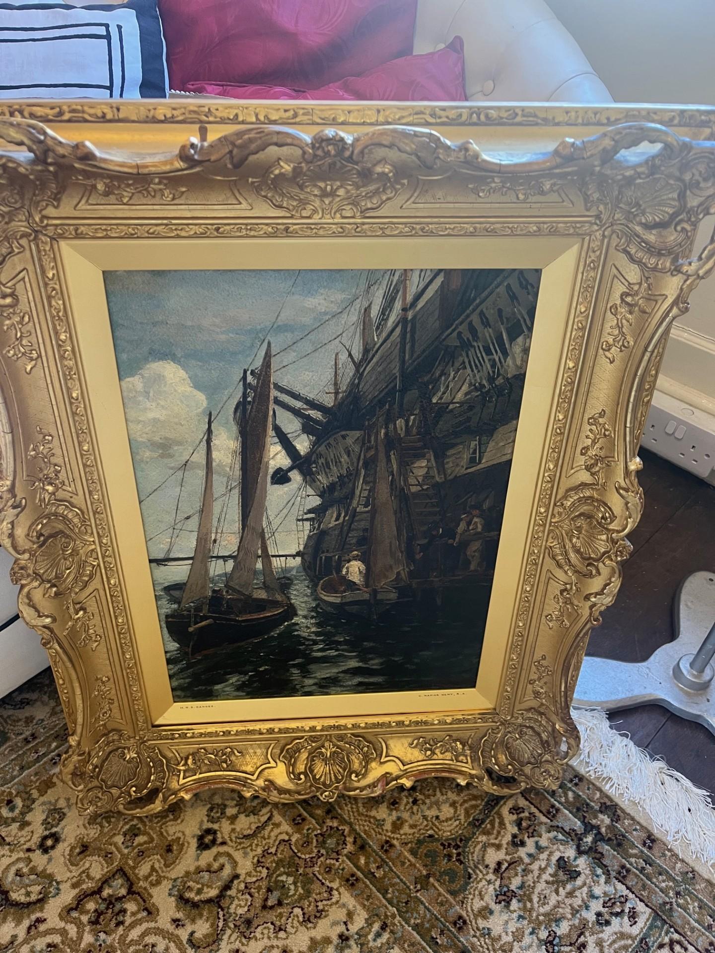 Viktorianische maritime Öl HMS Gangs im viktorianischen Stil, verankert, Matrosen auf Fischenbooten beleuchtet im Angebot 1