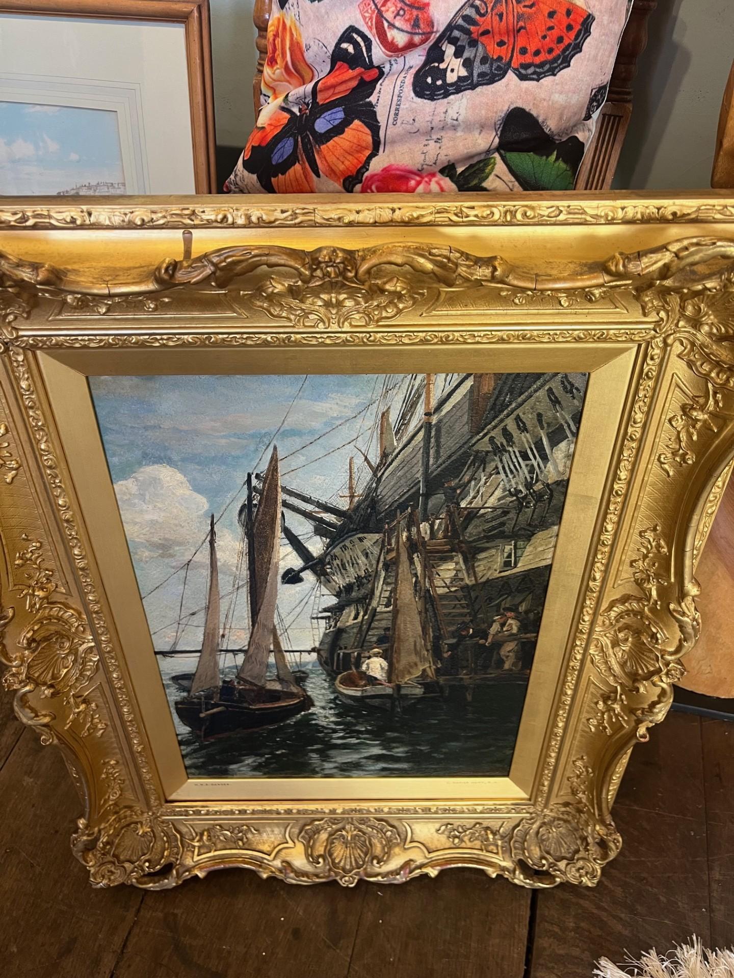 Viktorianische maritime Öl HMS Gangs im viktorianischen Stil, verankert, Matrosen auf Fischenbooten beleuchtet im Angebot 2