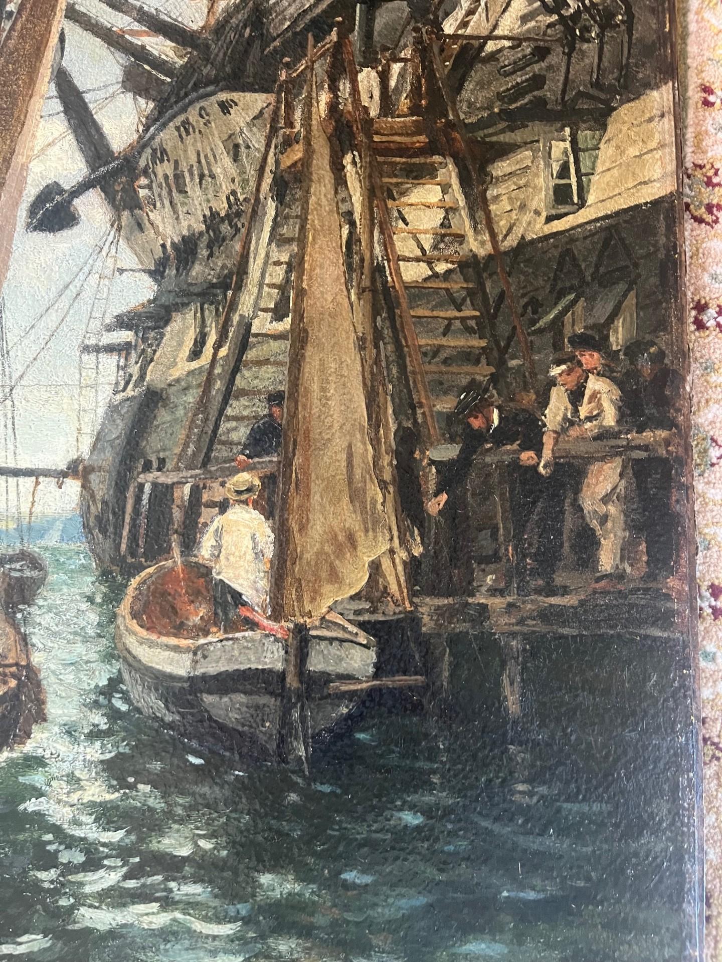 Viktorianische maritime Öl HMS Gangs im viktorianischen Stil, verankert, Matrosen auf Fischenbooten beleuchtet im Angebot 4