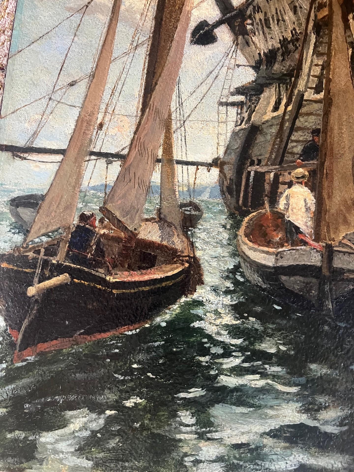 Viktorianische maritime Öl HMS Gangs im viktorianischen Stil, verankert, Matrosen auf Fischenbooten beleuchtet im Angebot 5