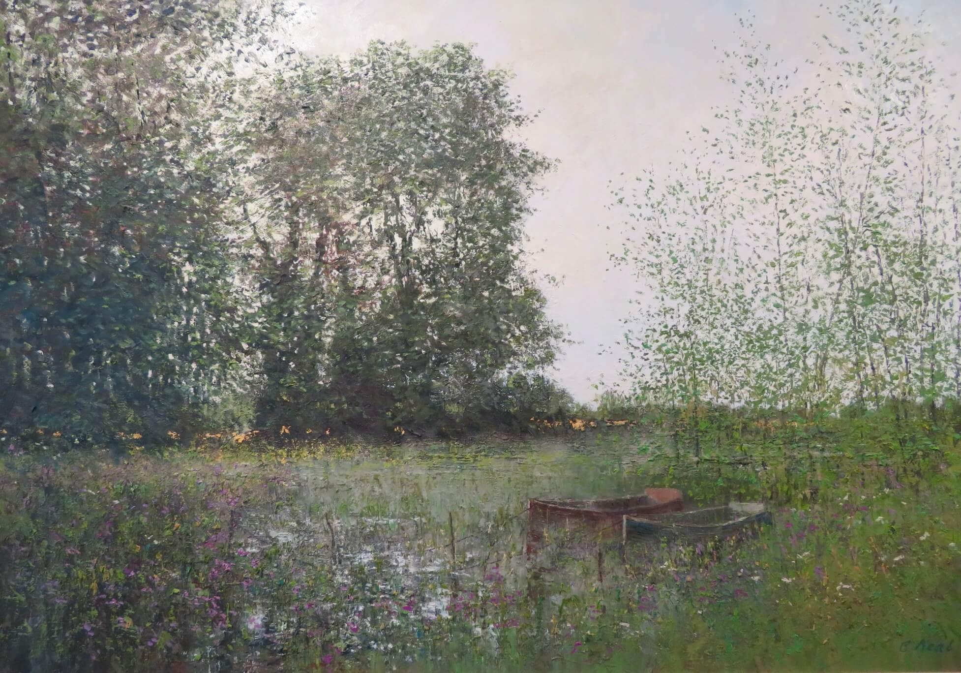 Cuadro al óleo original al óleo impresionista BIG post PAISAJE DE COTSWOLD de Charles Neal 2
