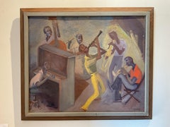 Vintage Jazz Group oil painting by New Jersey artist Charles Nevad, ca 1960