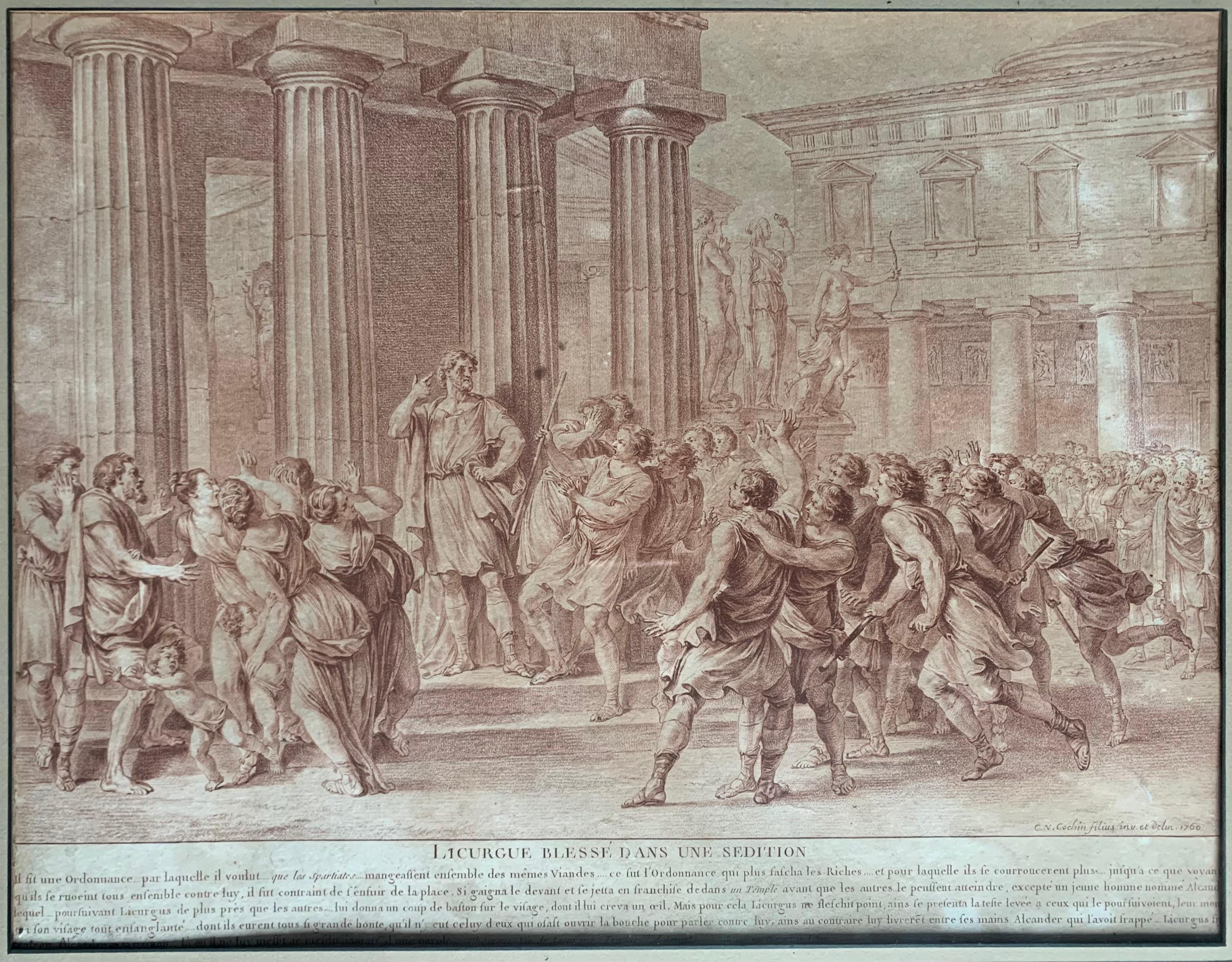 Charles Nicolas Cochin  Lycurgus enroulé dans une sédition gravé du 18ème siècle en vente 3