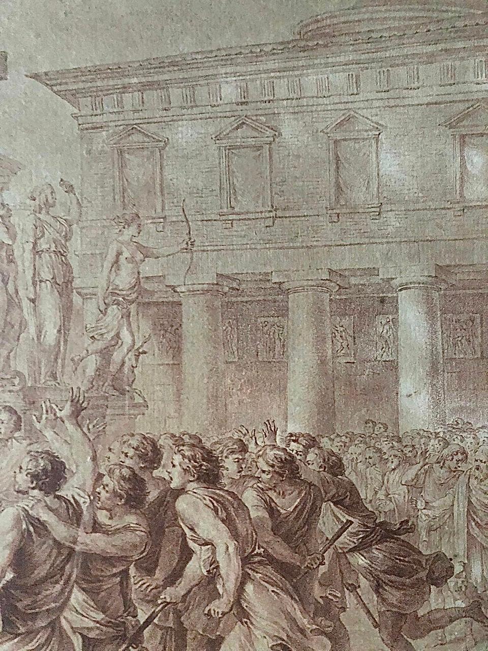 Charles Nicolas Cochin  Gravur „Wounded in a Sedition“, Muschel in einem Gefäß, 18. Jahrhundert (Französisch) im Angebot