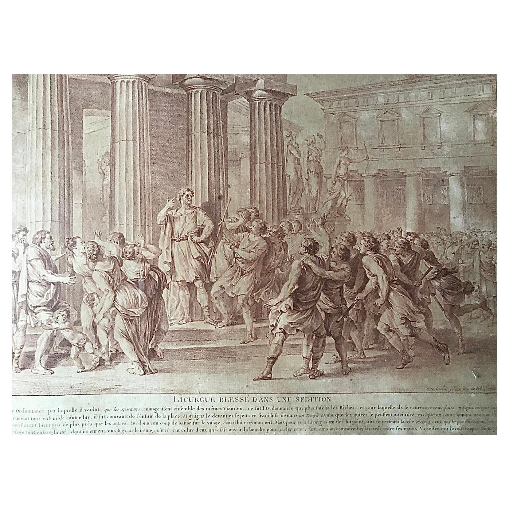 Charles Nicolas Cochin  Gravur „Wounded in a Sedition“, Muschel in einem Gefäß, 18. Jahrhundert im Angebot