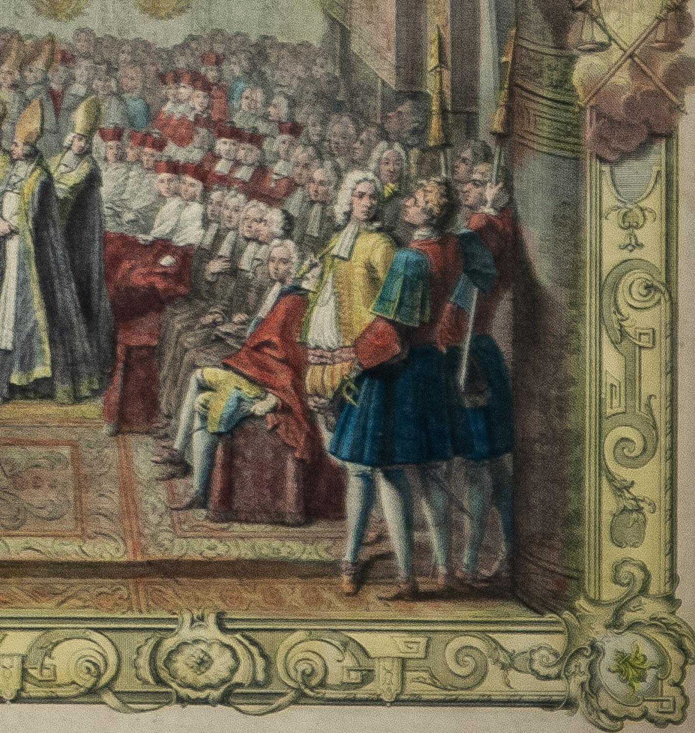 Le Roy Mene au Trone aus der Serie Le Sacre de Louis XV. 1722-1731 (Grau), Interior Print, von Charles Nicolas Cochin the Elder