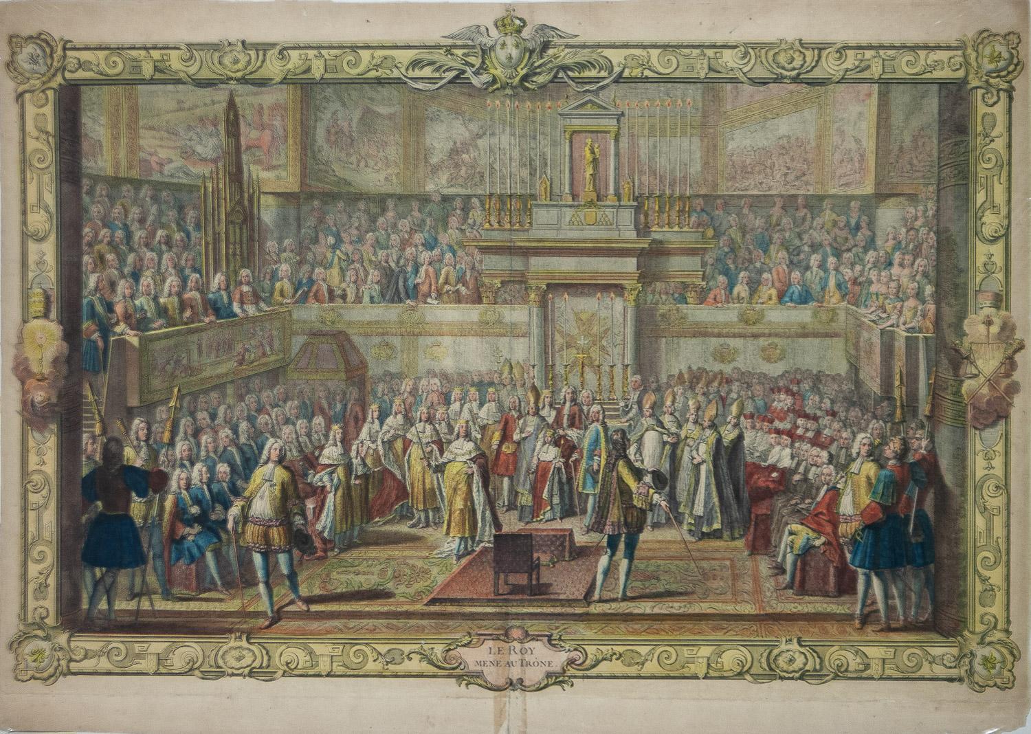 Charles Nicolas Cochin the Elder Interior Print - Le Roy Mene au Trone from Series Le Sacre de Louis XV 1722-1731