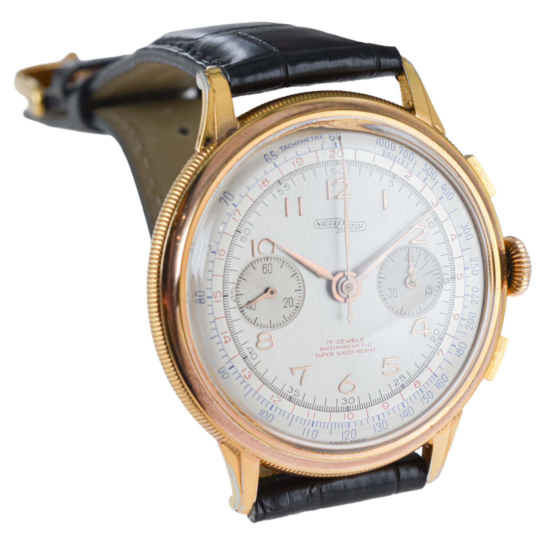Cronografo Charles Nicolet in oro rosa, circa anni '40 in vendita 5