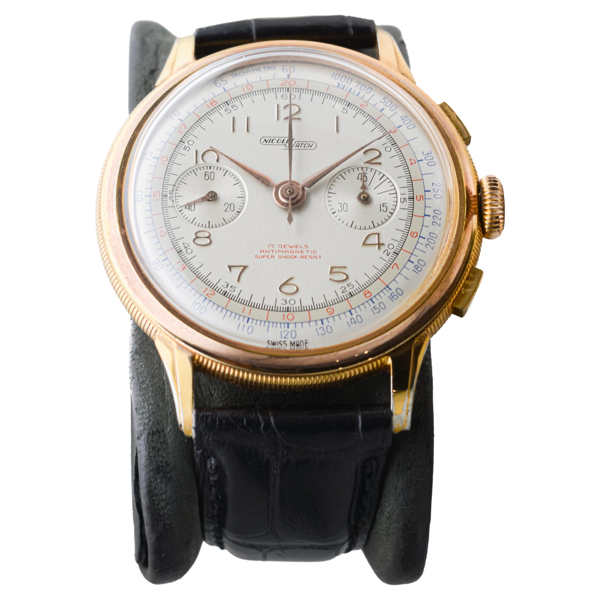 Cronografo Charles Nicolet in oro rosa, circa anni '40 In condizioni ottime in vendita a Long Beach, CA
