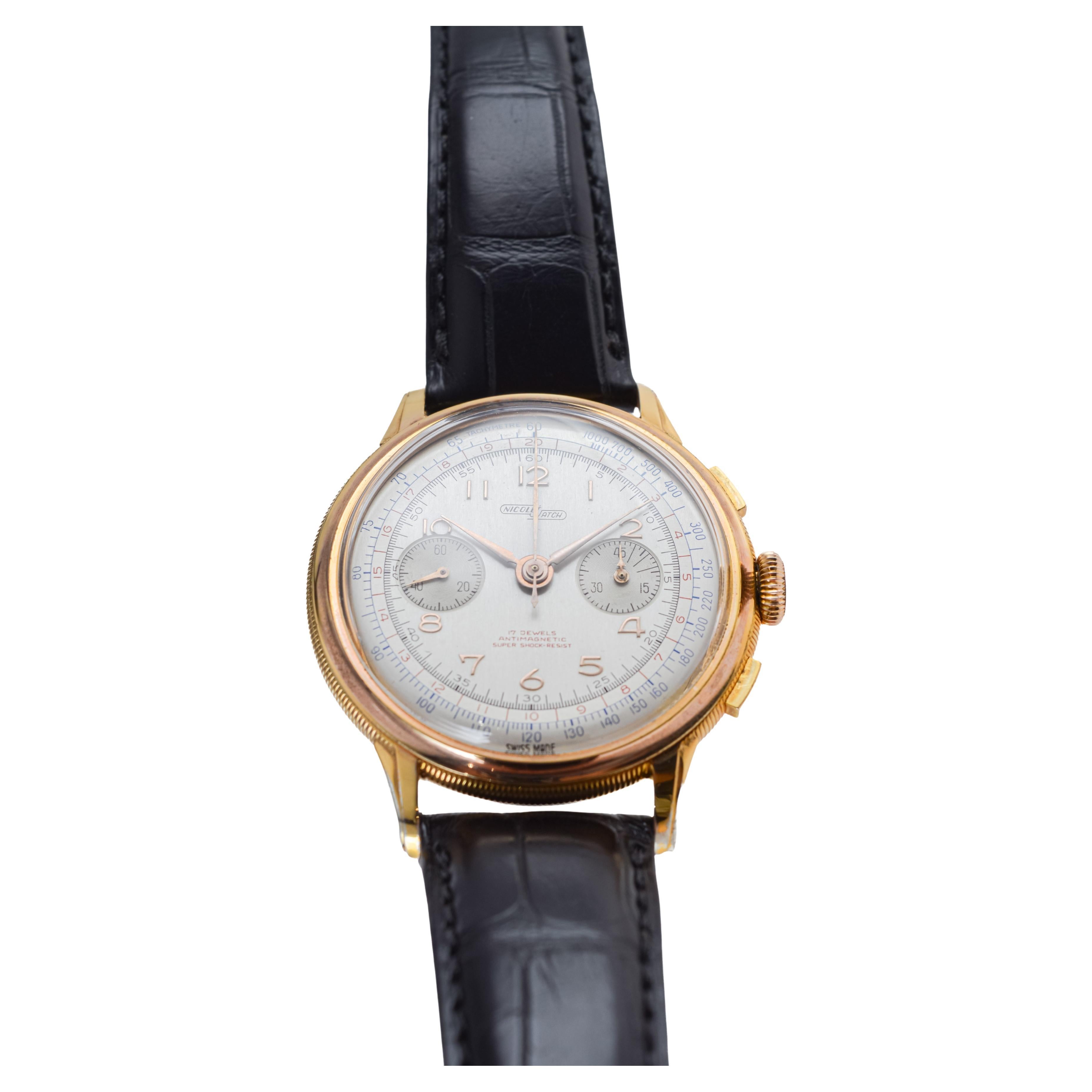 Cronografo Charles Nicolet in oro rosa, circa anni '40 in vendita 3