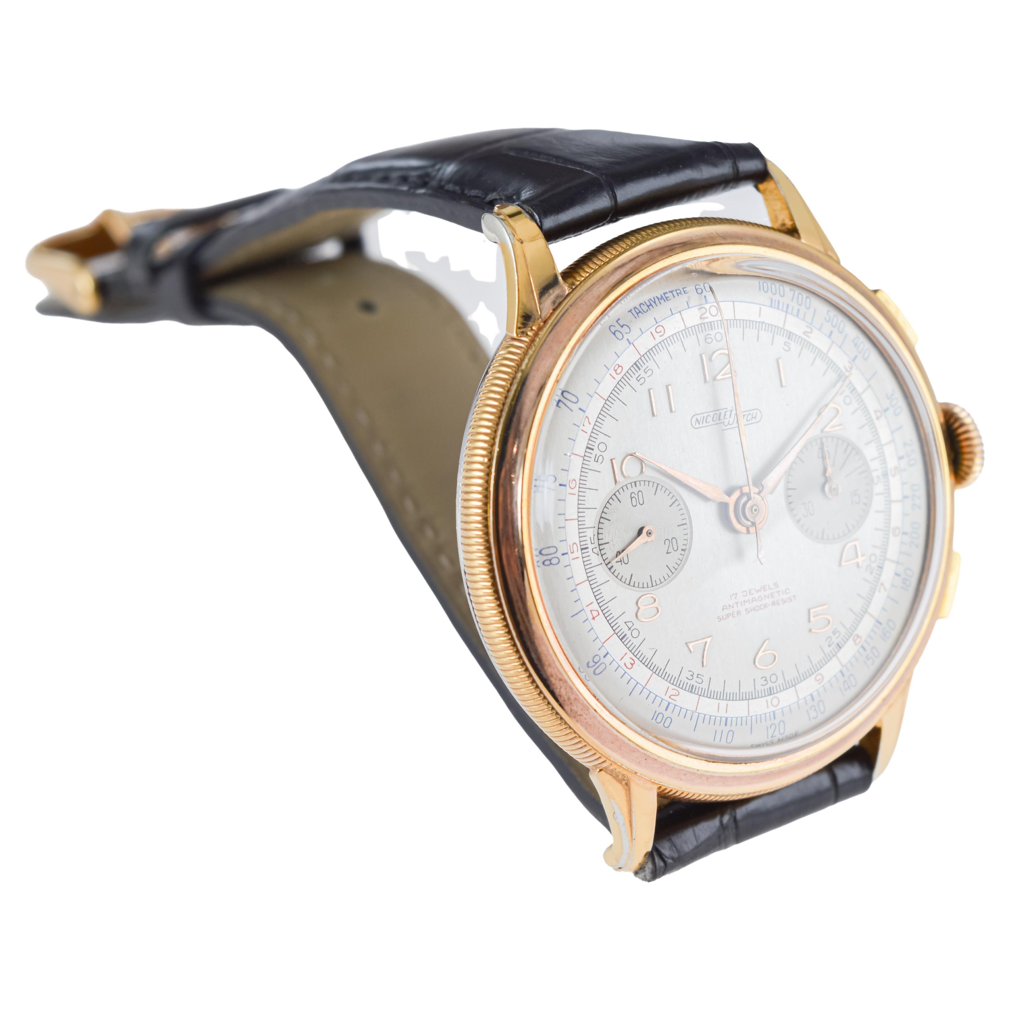 Cronografo Charles Nicolet in oro rosa, circa anni '40 in vendita 4