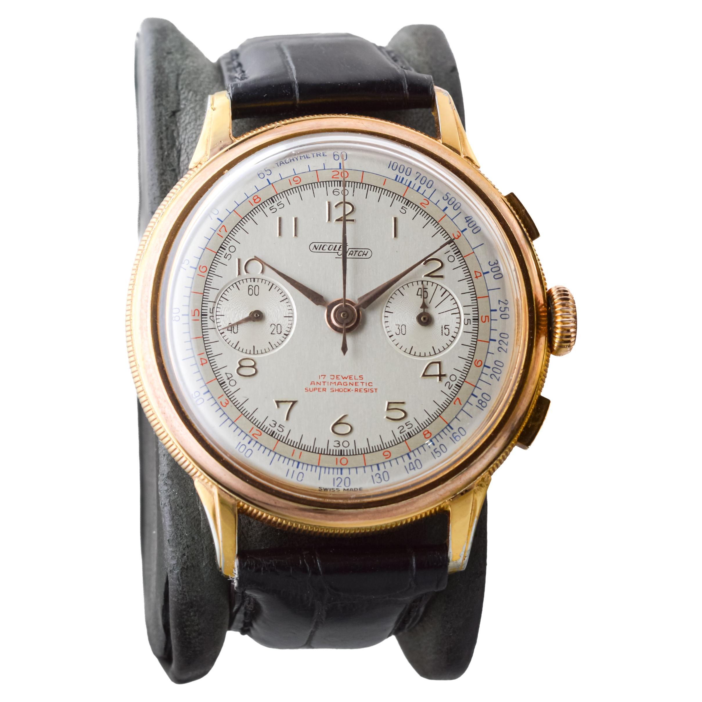 Charles Nicolet Rose Gold Filled New Old Stock Chronograph, circa 1940s