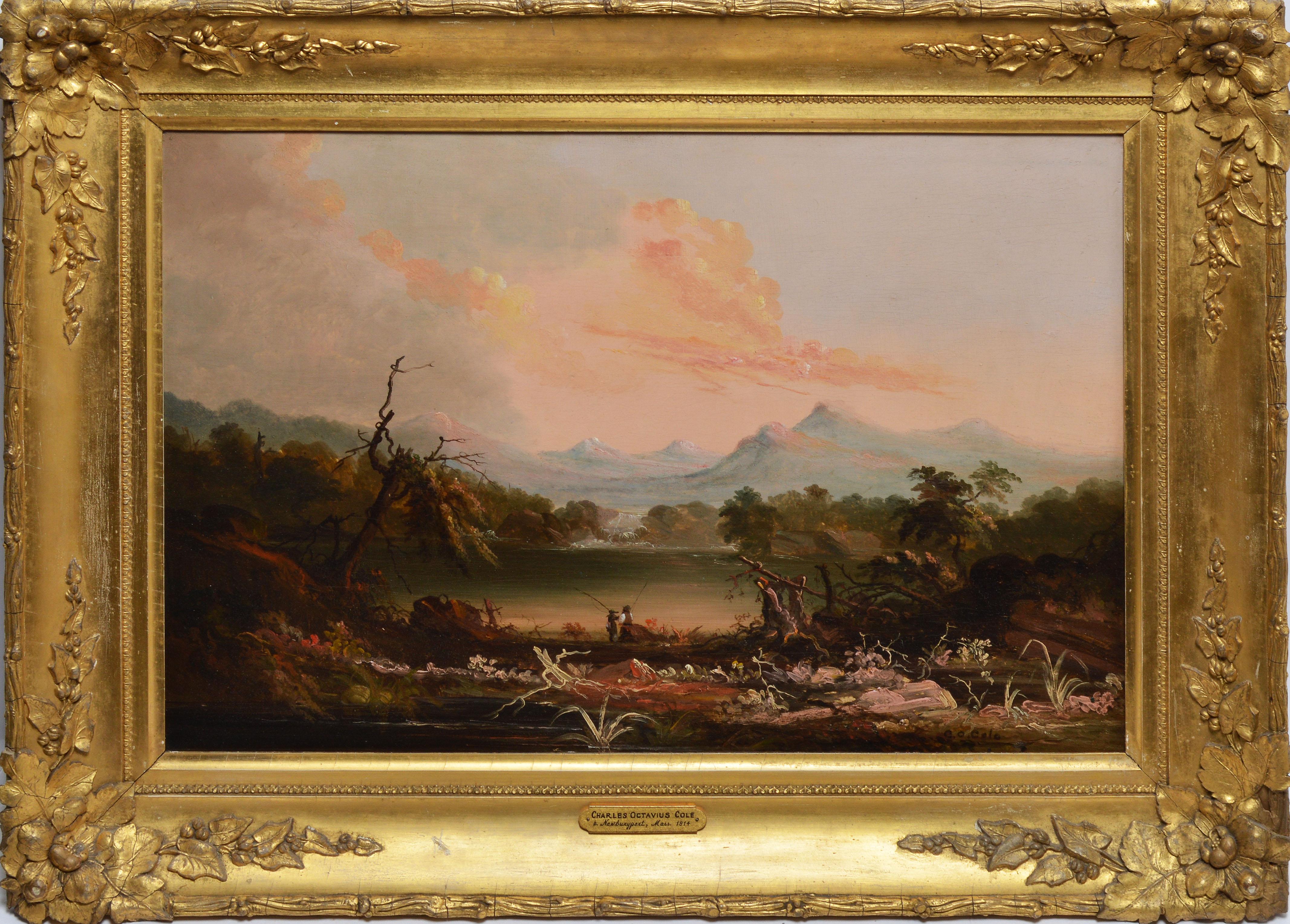 Hudson River School landscape by Charles Octavius Cole  (1814 - 1858).  Oil on board, circa 1840.  Signed lower right.  Displayed in a period giltwood frame.  Image size, 20"L x 14"H.