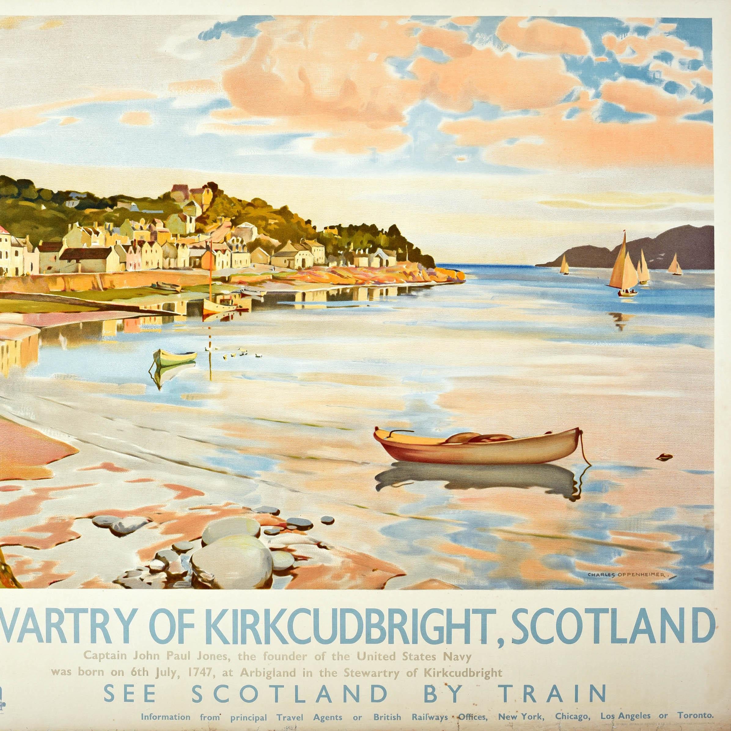 Poster vintage originale delle British Railways - The Stewartry of Kirkcudbright Scotland - con una tranquilla veduta paesaggistica di Charles Moore (1875-1961) del villaggio costiero di Kippford sulla Riviera del Solway, nella Scozia