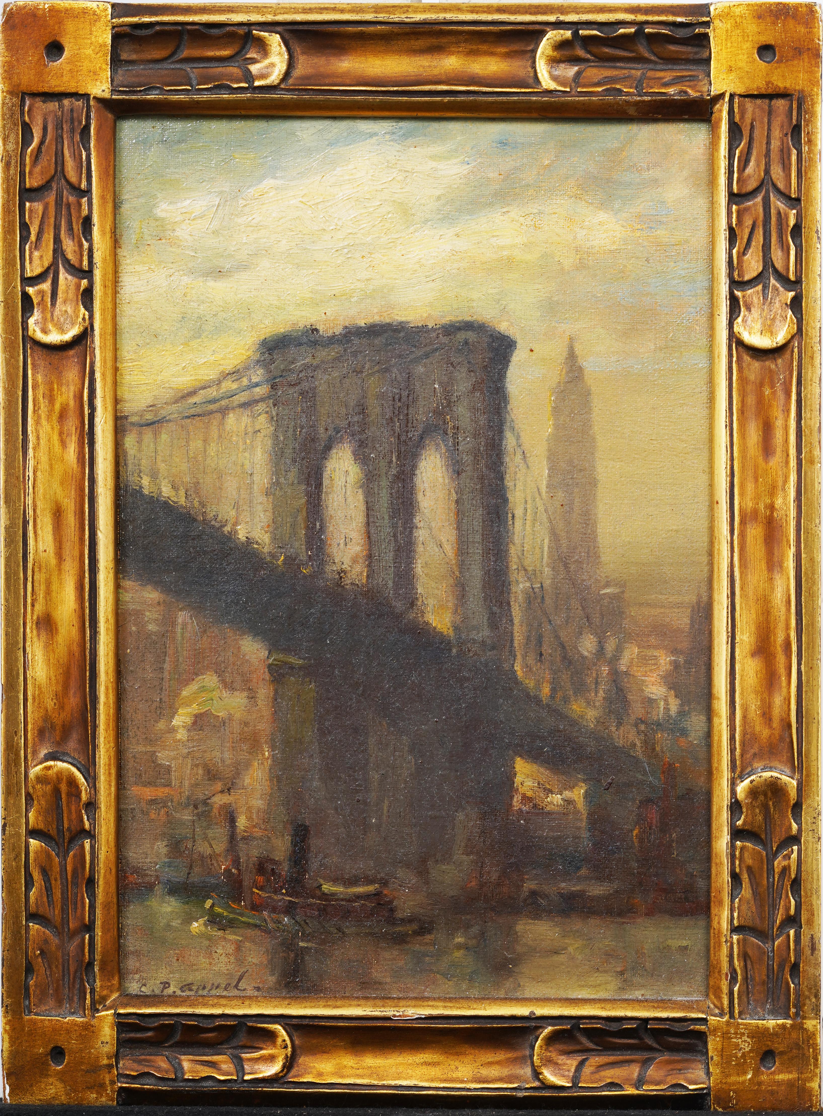 Antico quadro impressionista americano New York City Brooklyn Bridge Cityscape Painting - Landscape Painting Marrone di Charles P. Appel 