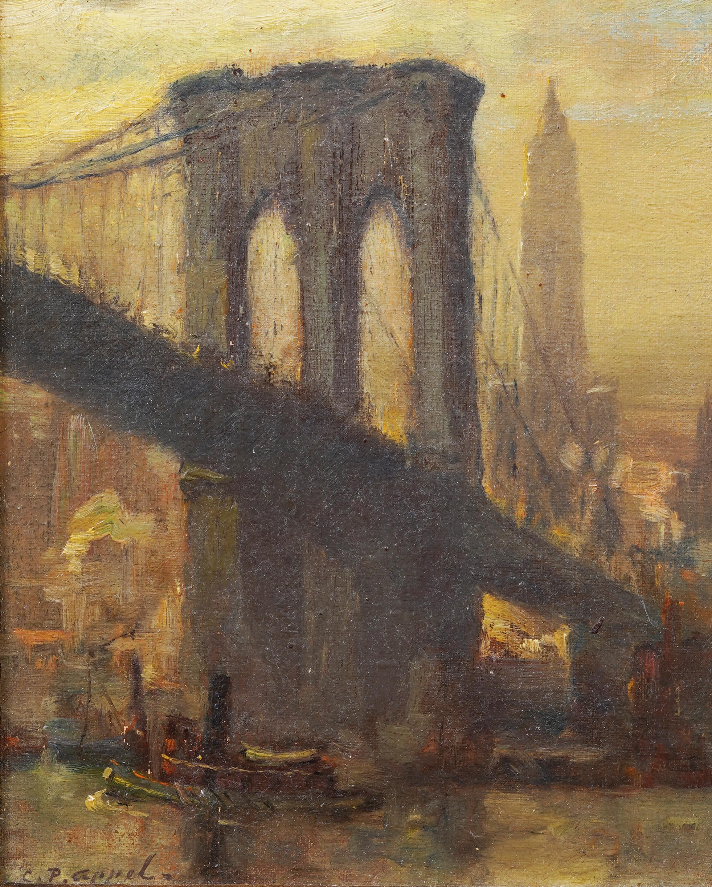 Antico quadro impressionista americano New York City Brooklyn Bridge Cityscape Painting 2